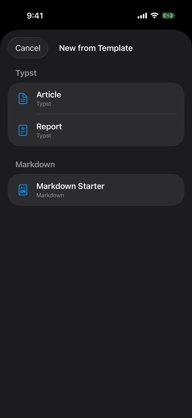 New document on iPhone, dark mode