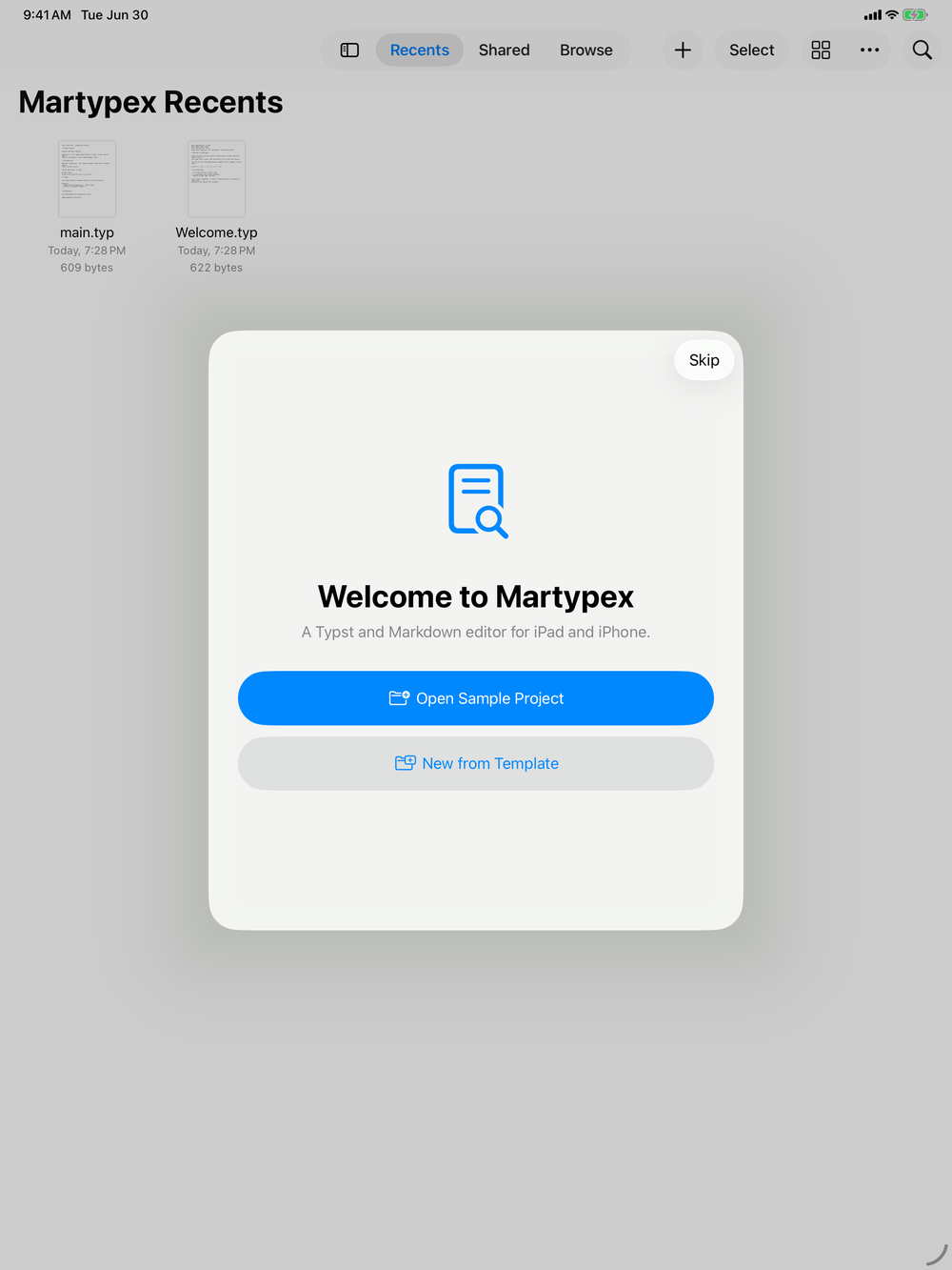 Welcome screen on iPad, light mode