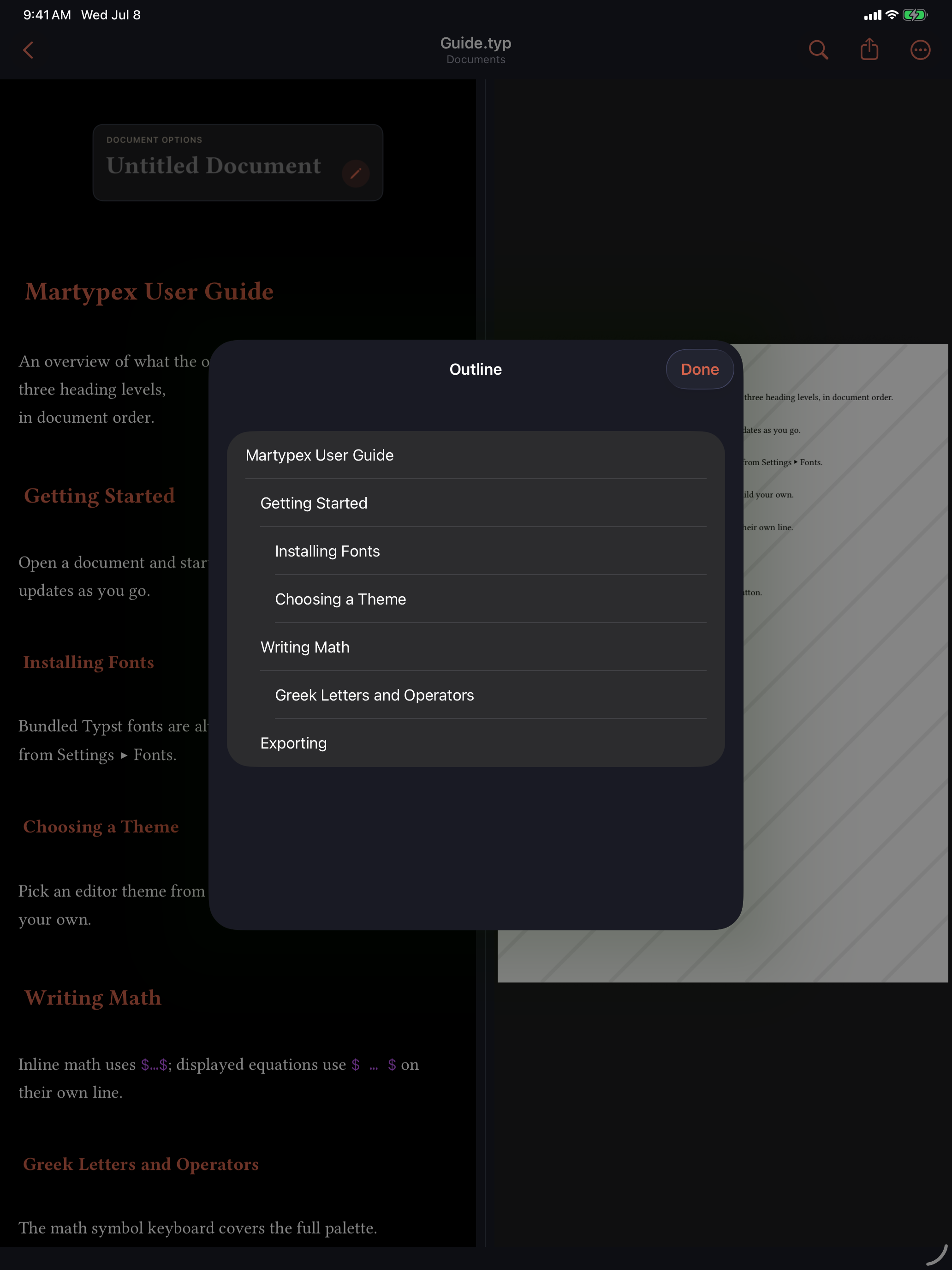 Document Outline sheet on iPad, dark mode