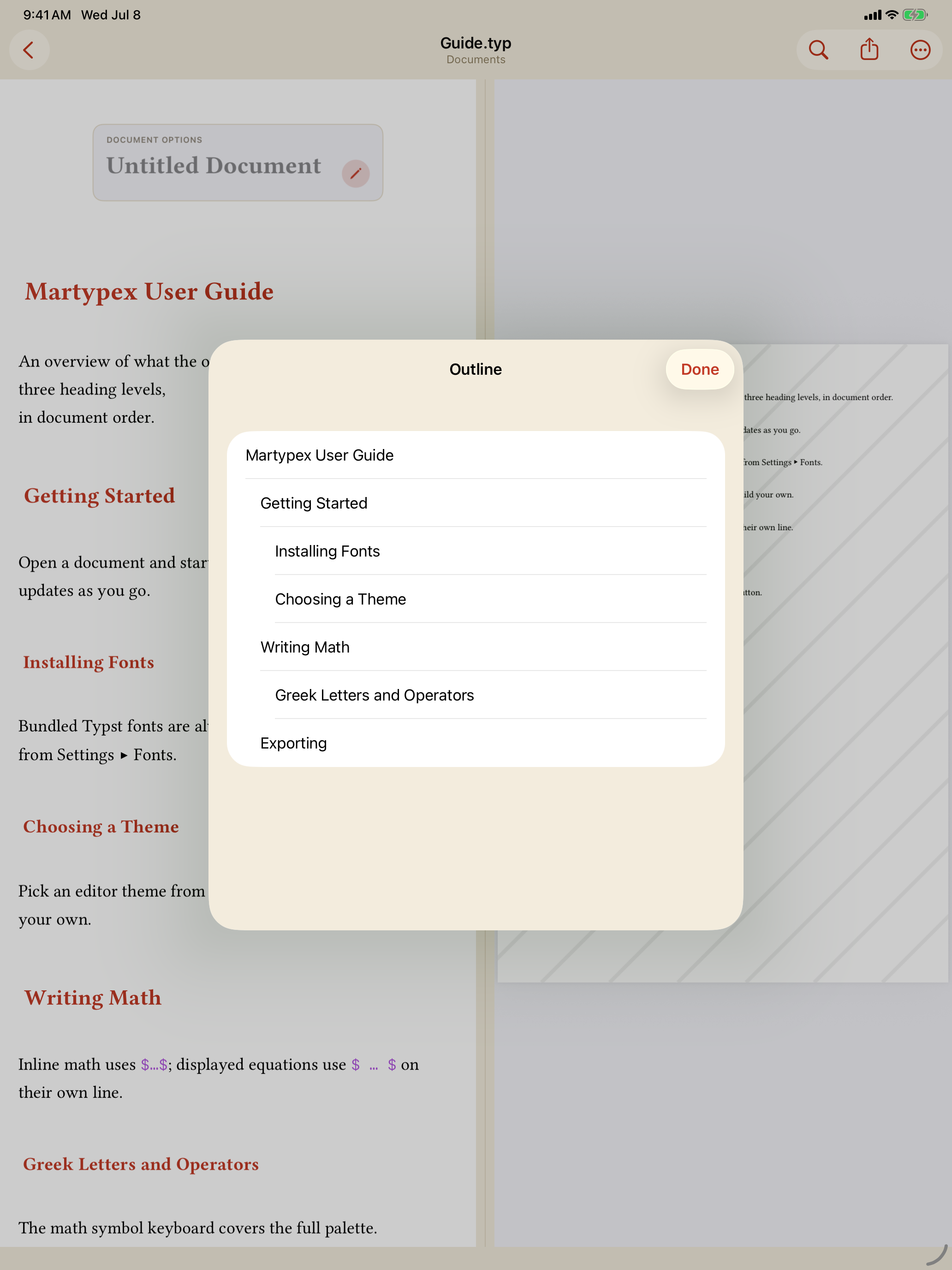 Document Outline sheet on iPad, light mode