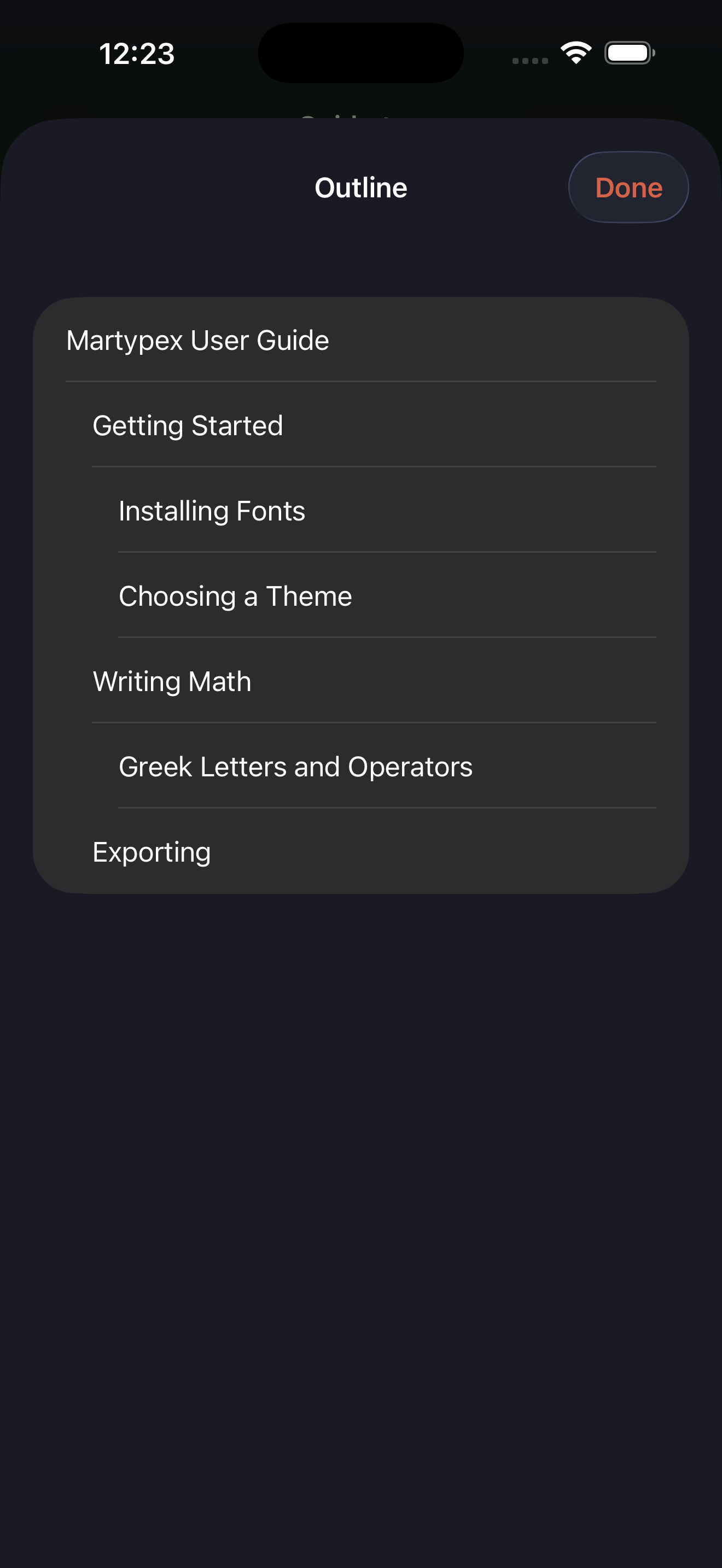 Document Outline sheet on iPhone, dark mode
