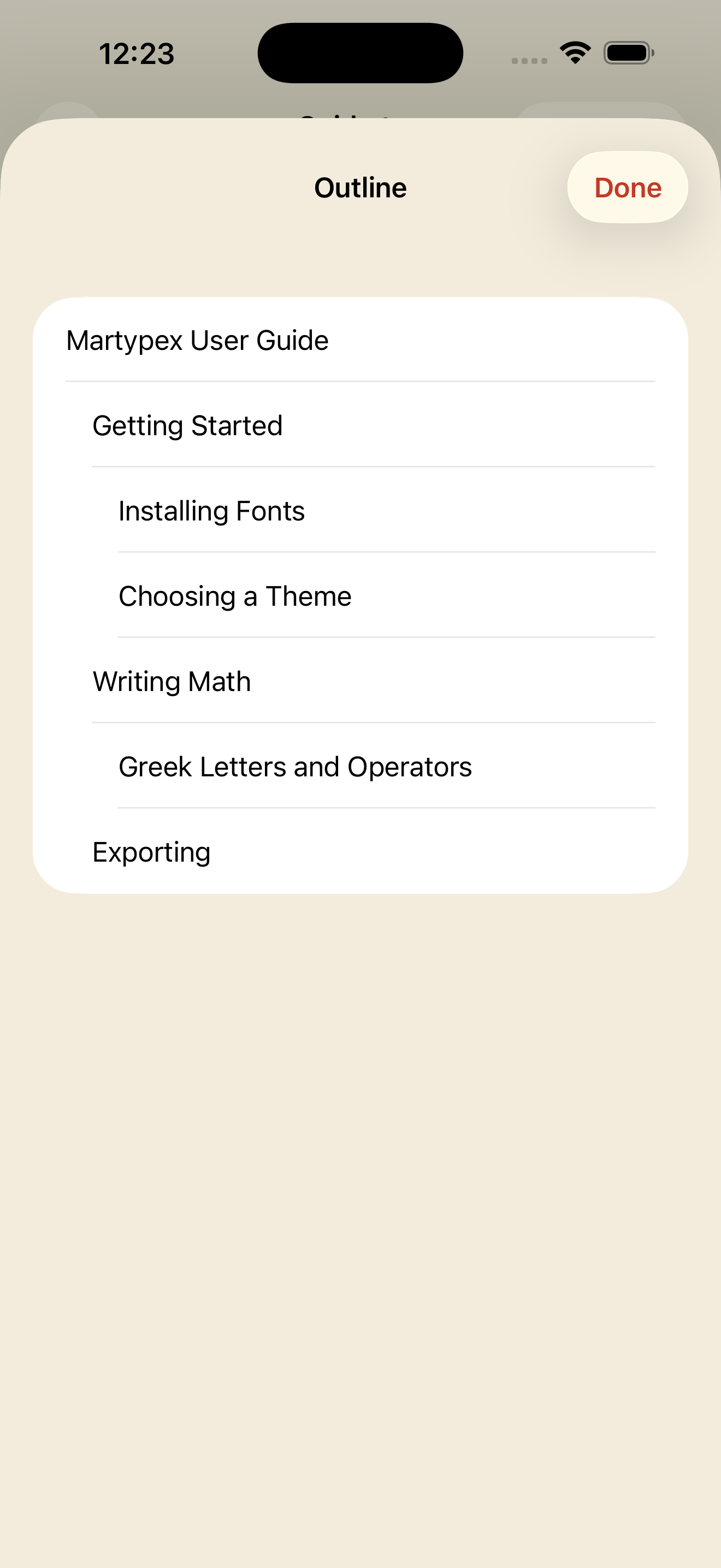 Document Outline sheet on iPhone, light mode