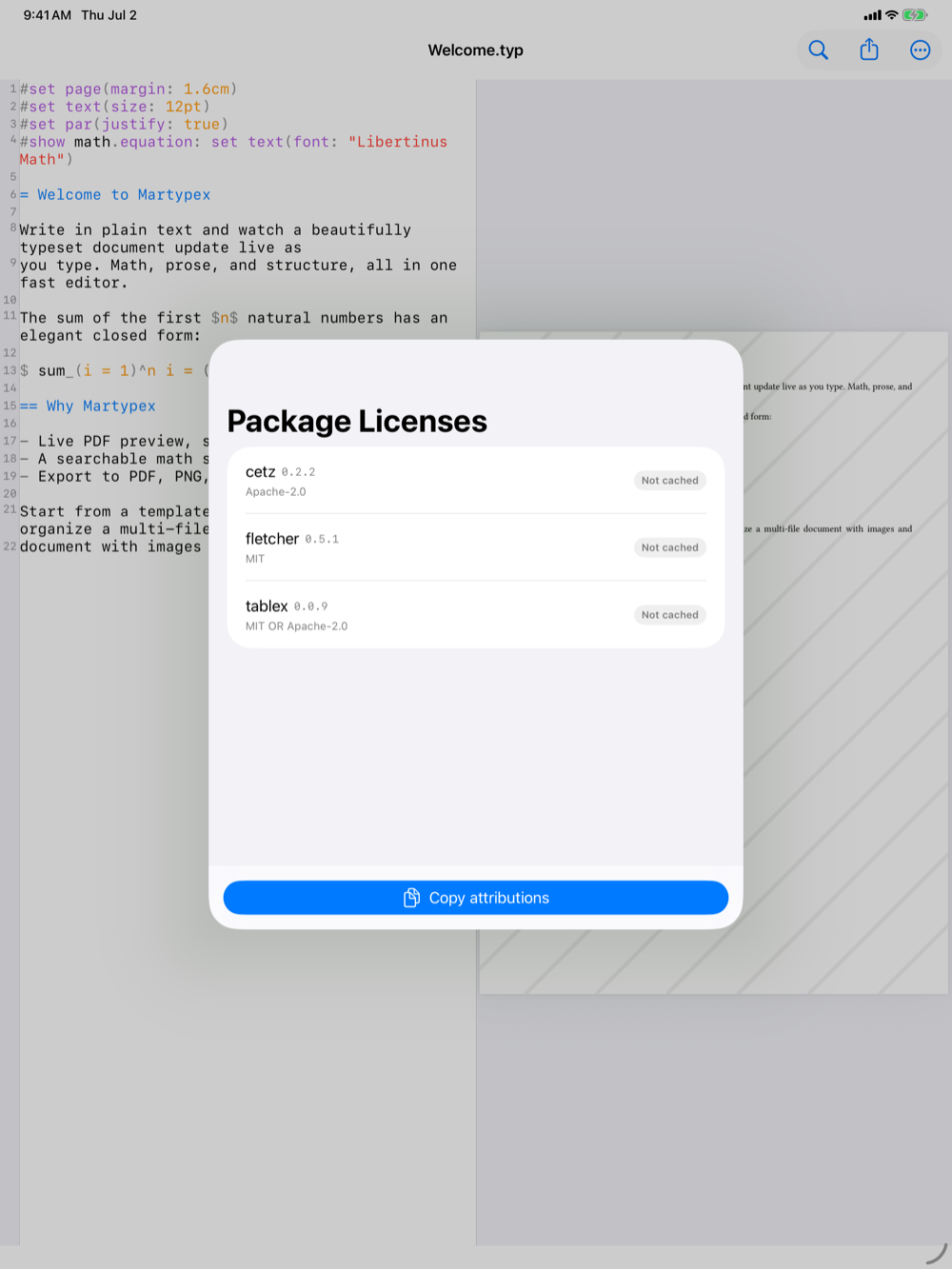 Package Licenses report on iPad, light mode