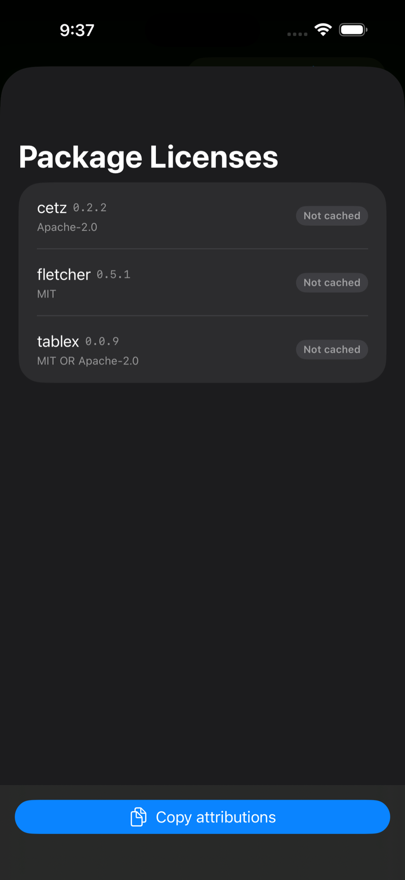 Package Licenses report on iPhone, dark mode