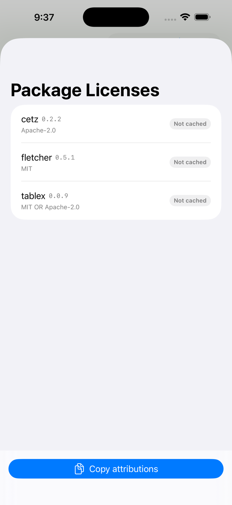 Package Licenses report on iPhone, light mode