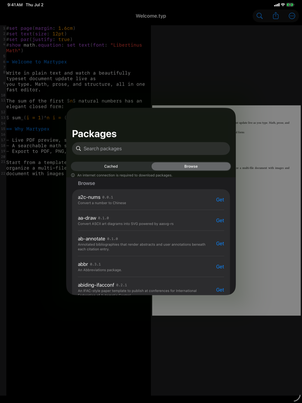 Packages manager on iPad, dark mode