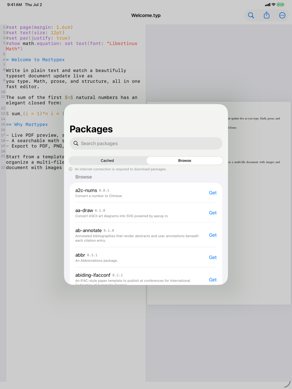Packages manager on iPad, light mode