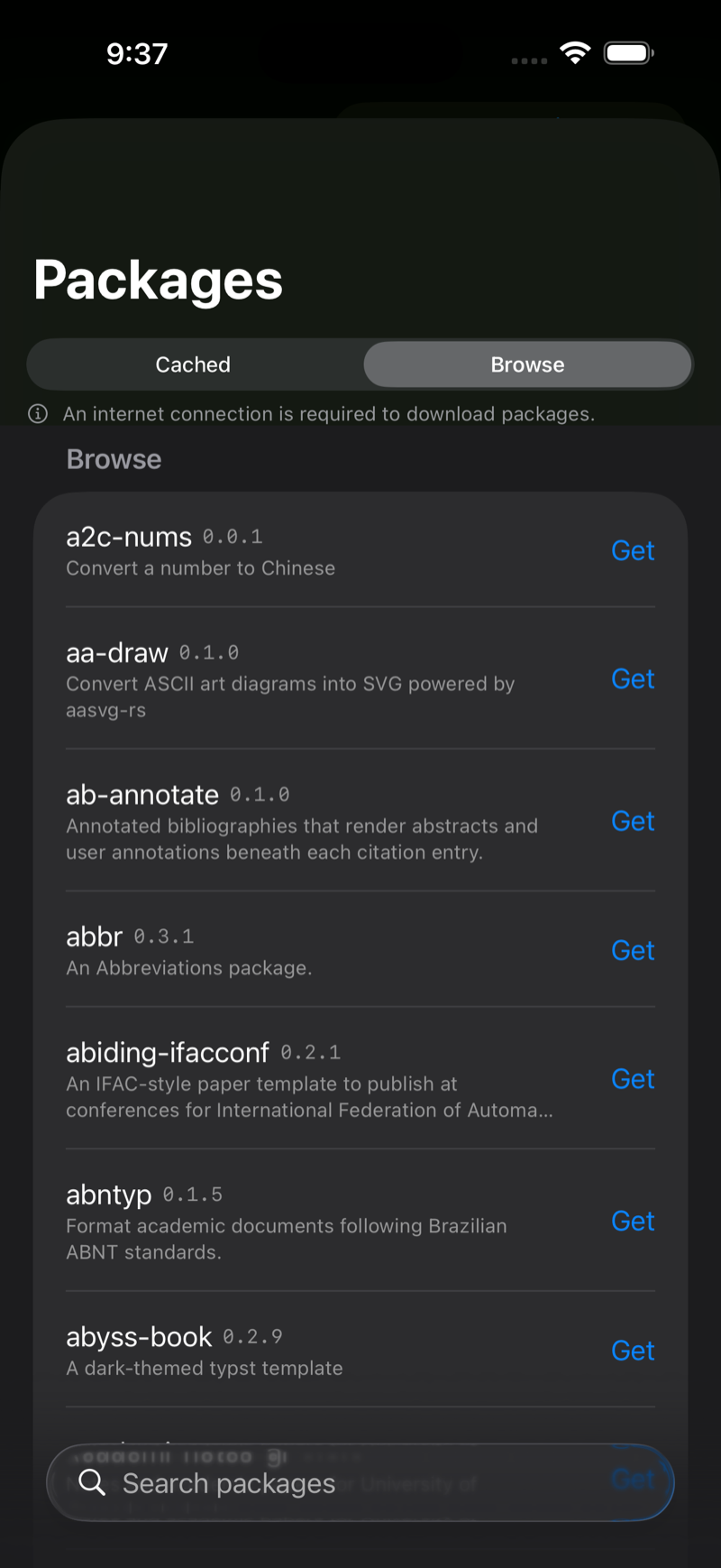 Packages manager on iPhone, dark mode