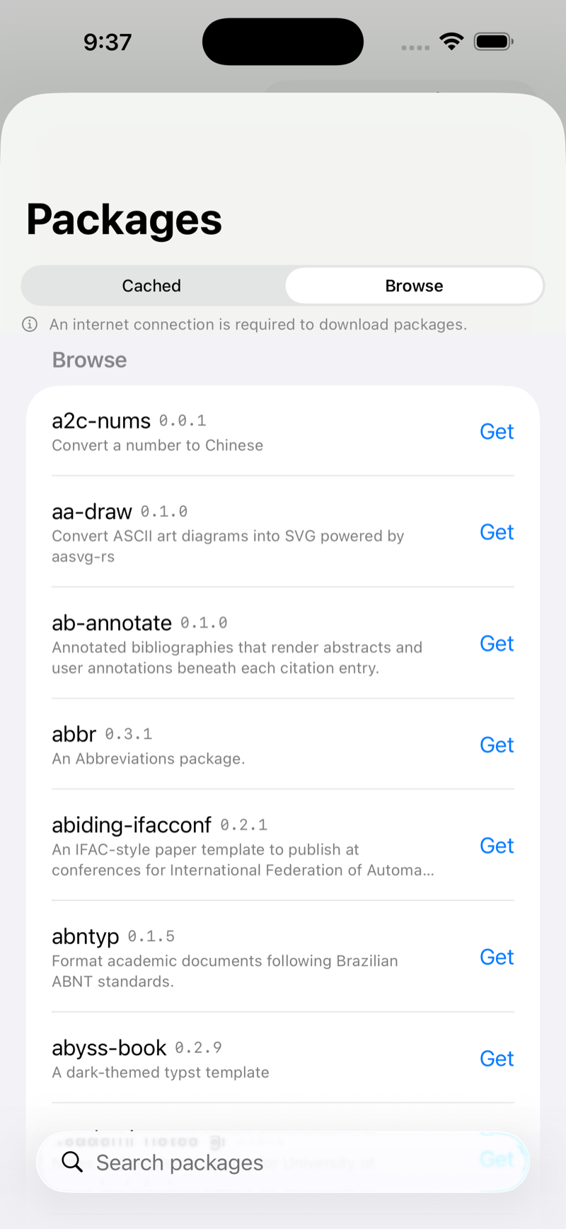 Packages manager on iPhone, light mode