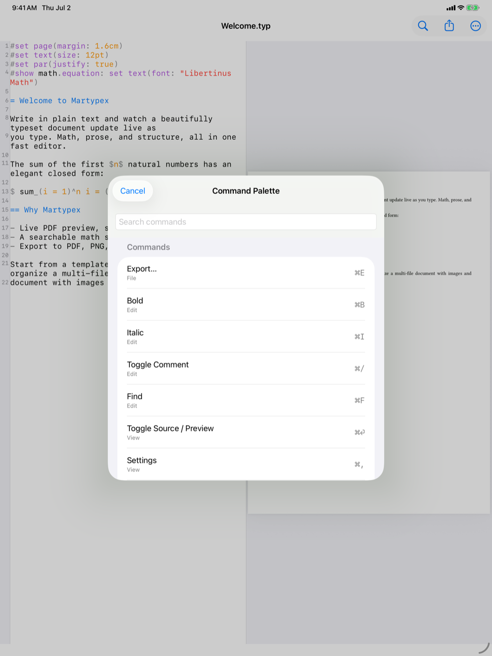 Command Palette on iPad, light mode