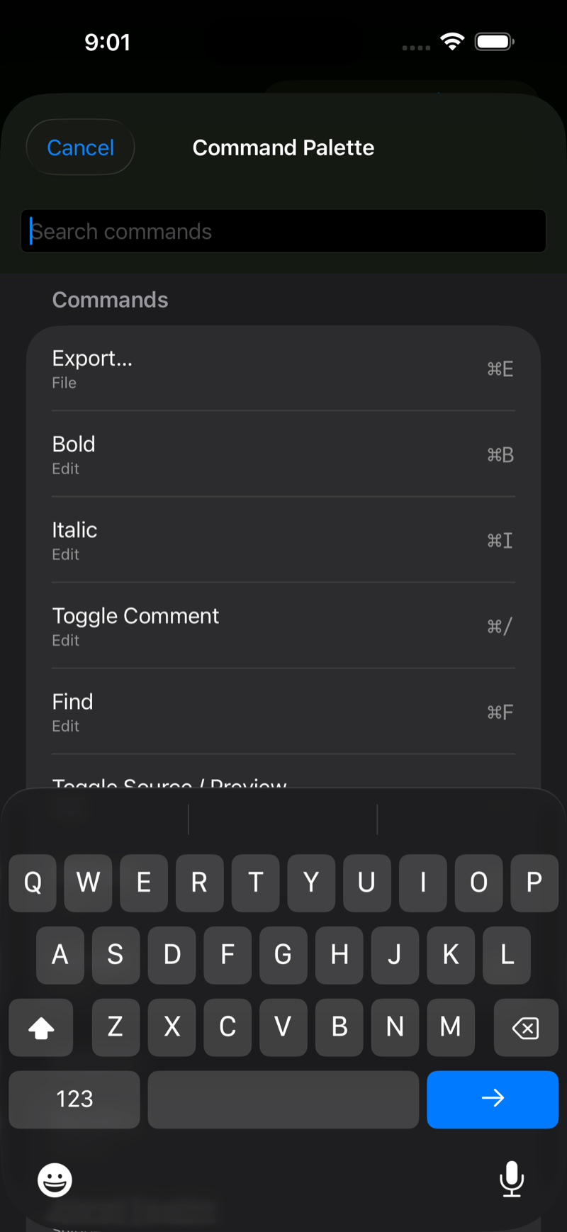 Command Palette on iPhone, dark mode
