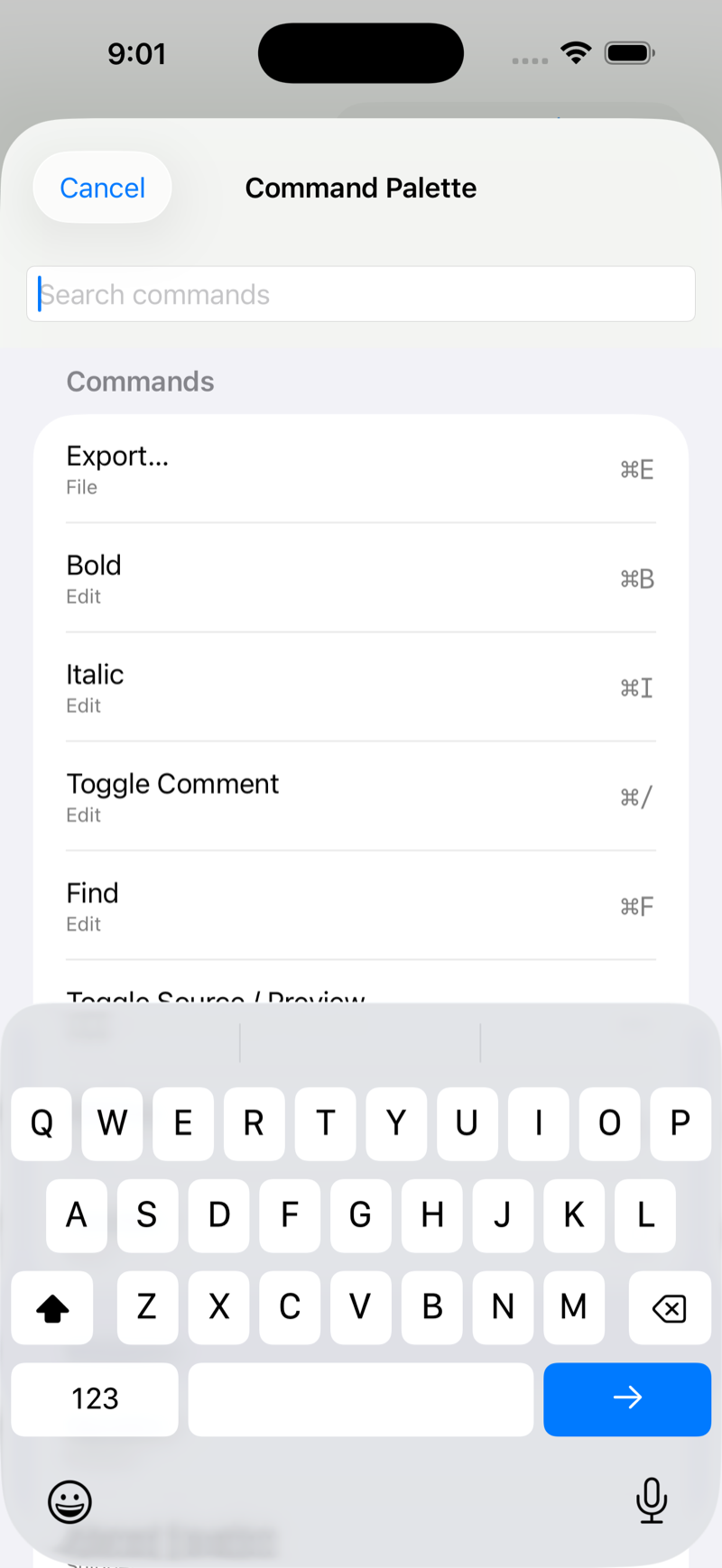 Command Palette on iPhone, light mode