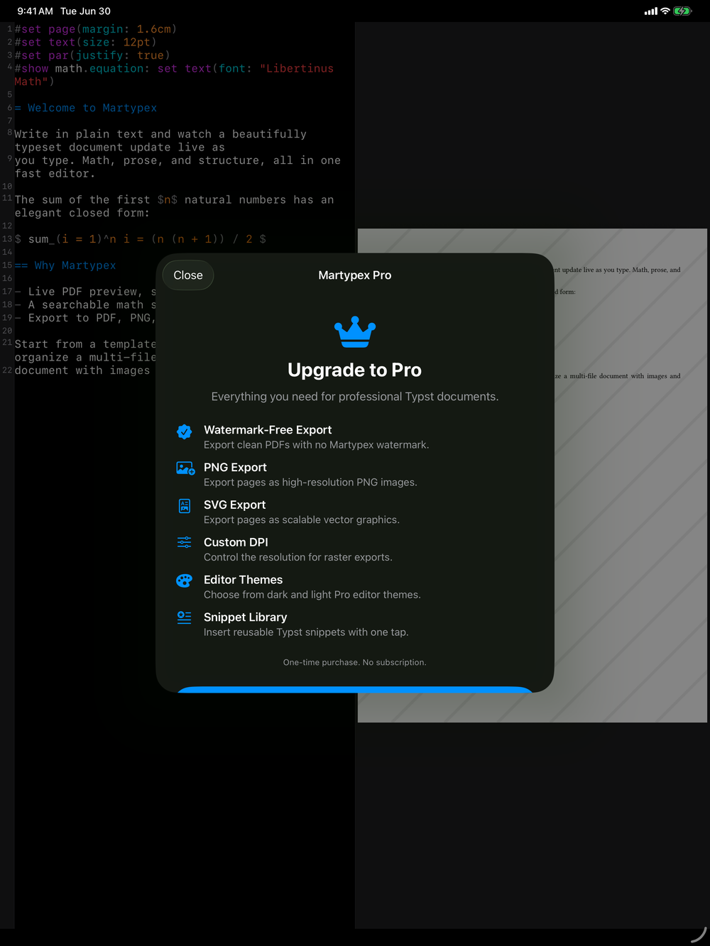 Martypex Pro on iPad, dark mode