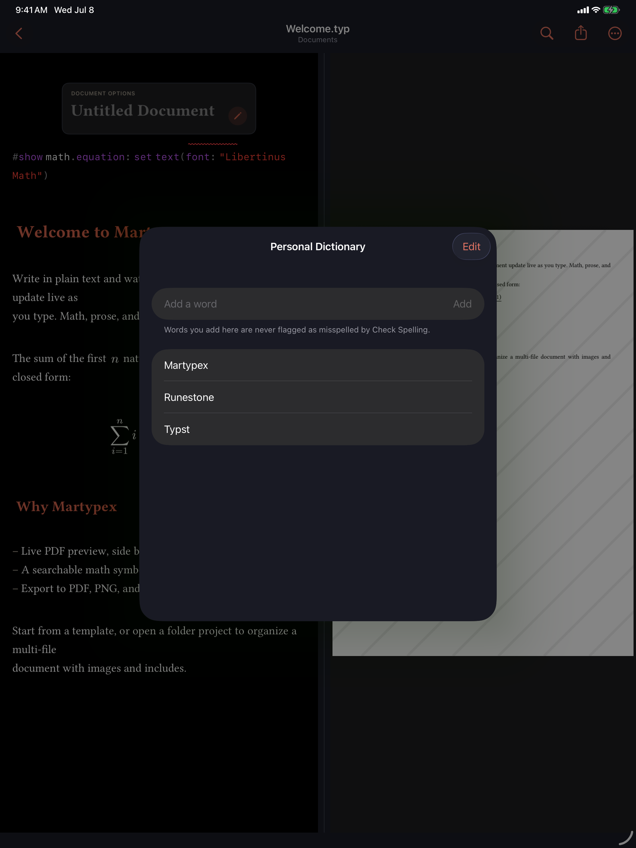 Personal Dictionary list of accepted words on iPad, dark mode