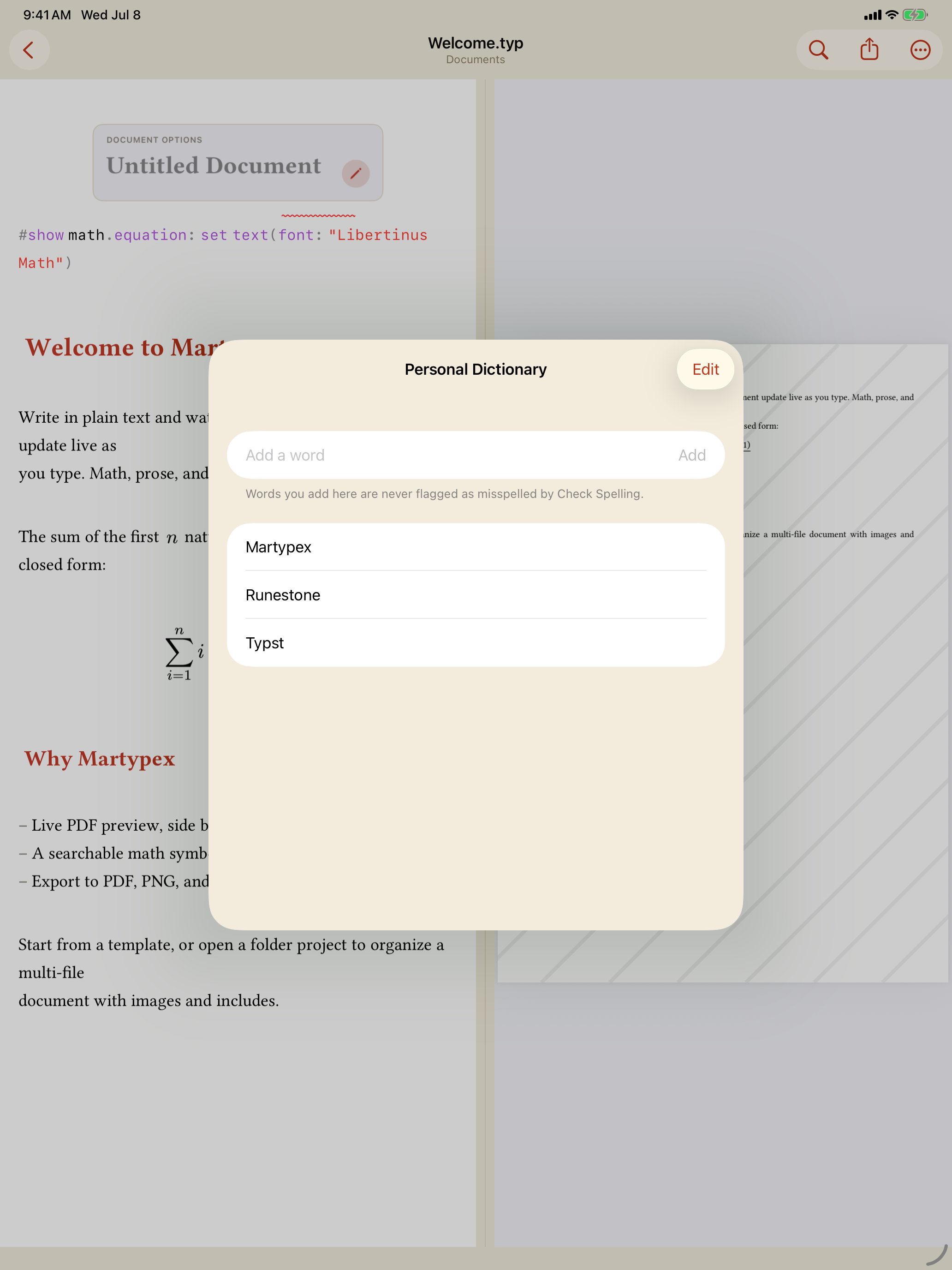 Personal Dictionary list of accepted words on iPad, light mode