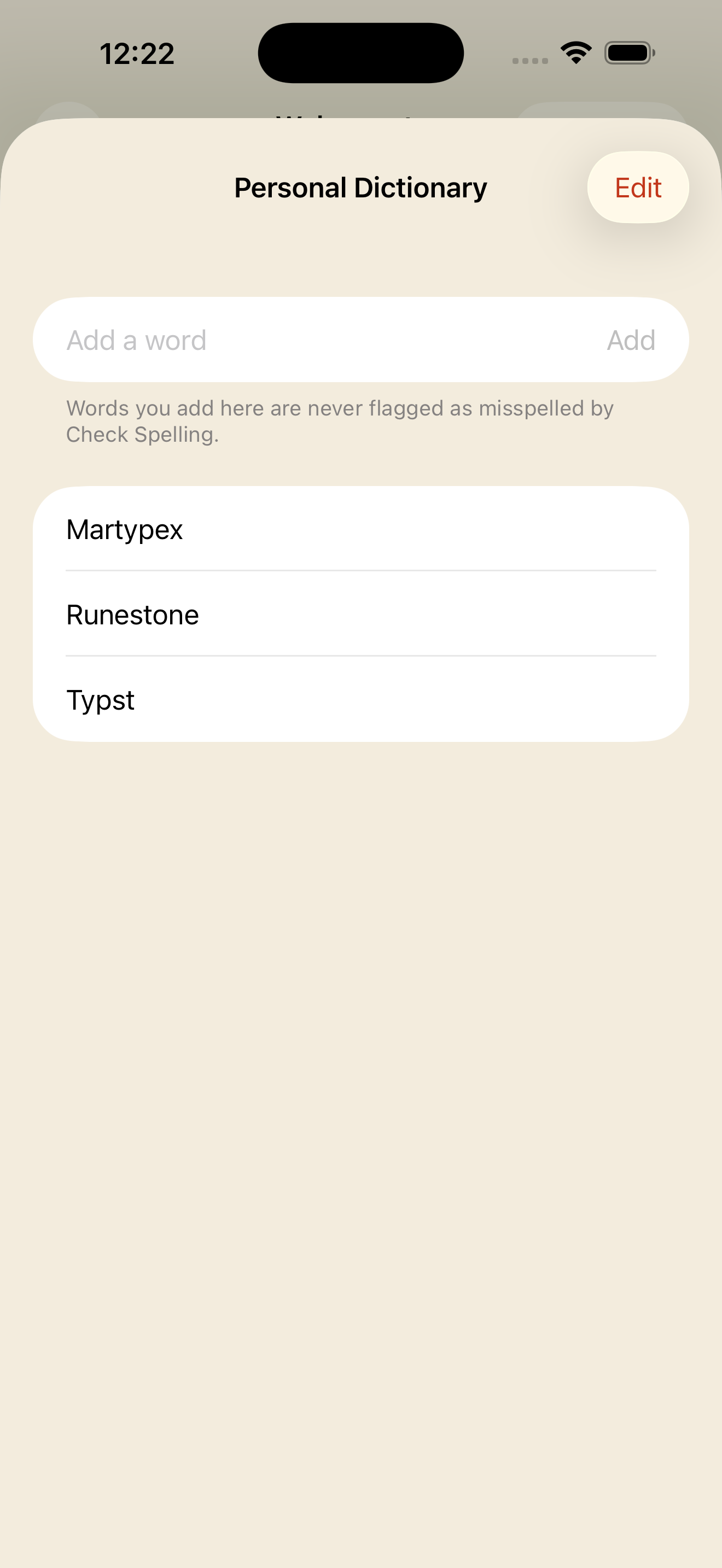 Personal Dictionary list of accepted words on iPhone, light mode