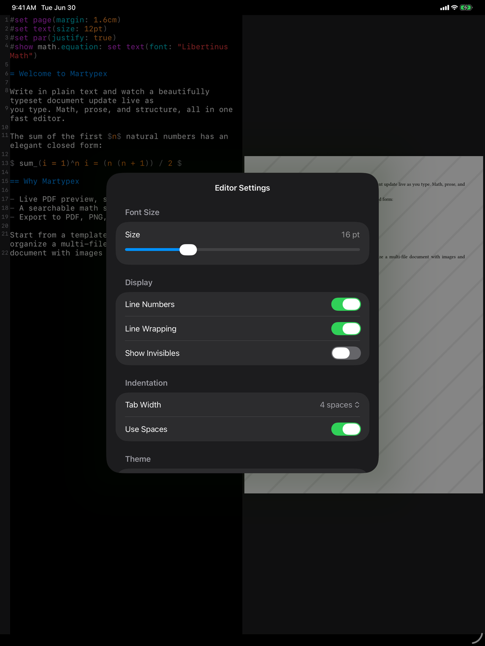 Settings on iPad, dark mode