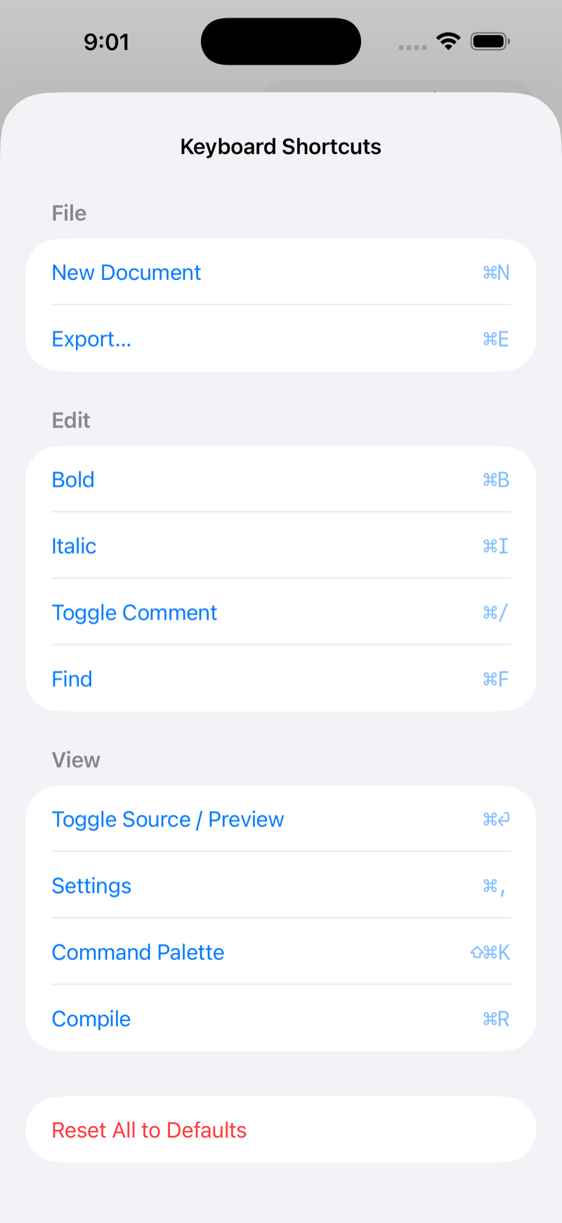 Keyboard Shortcuts on iPhone, light mode