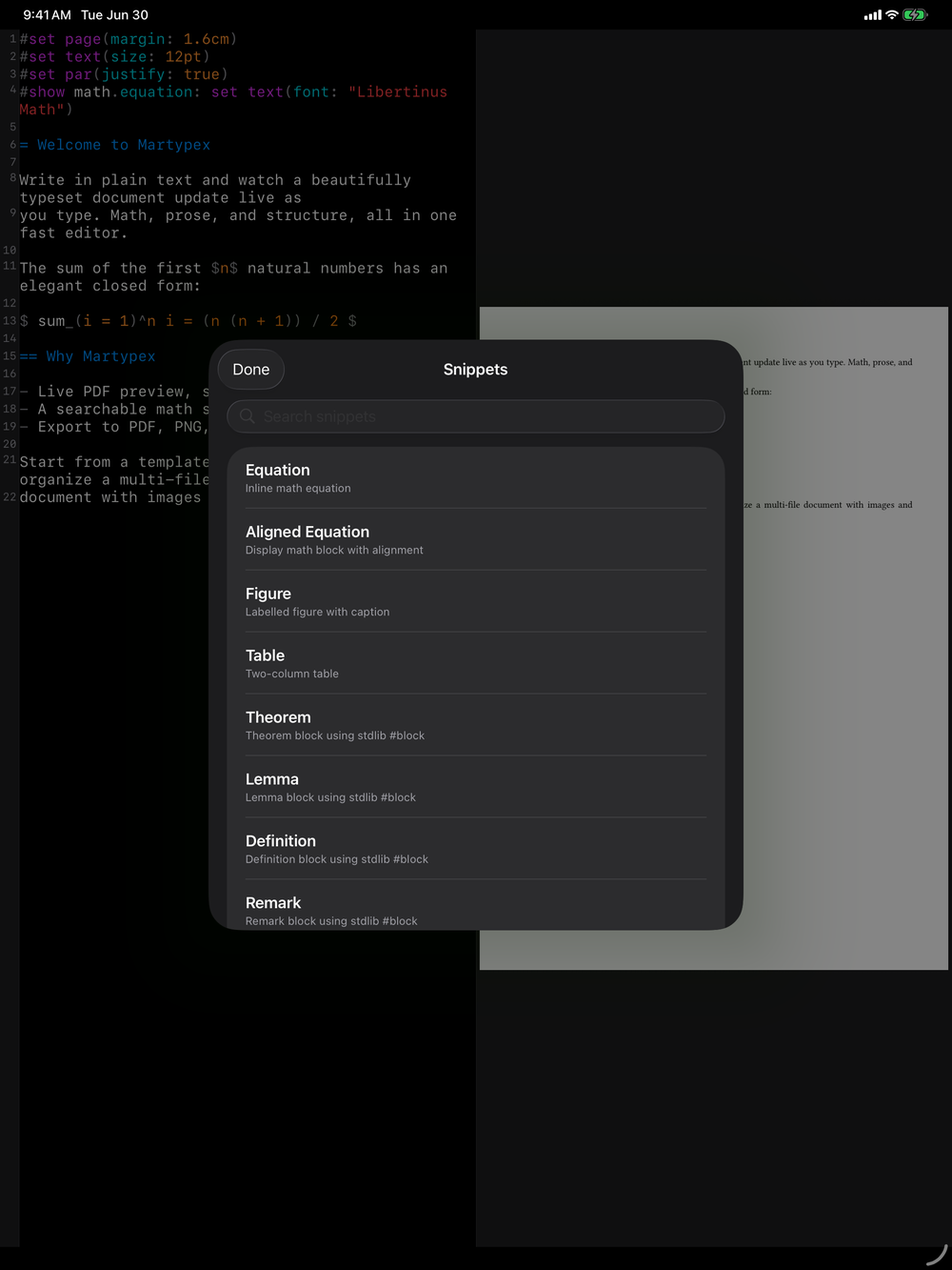 Snippet library on iPad, dark mode