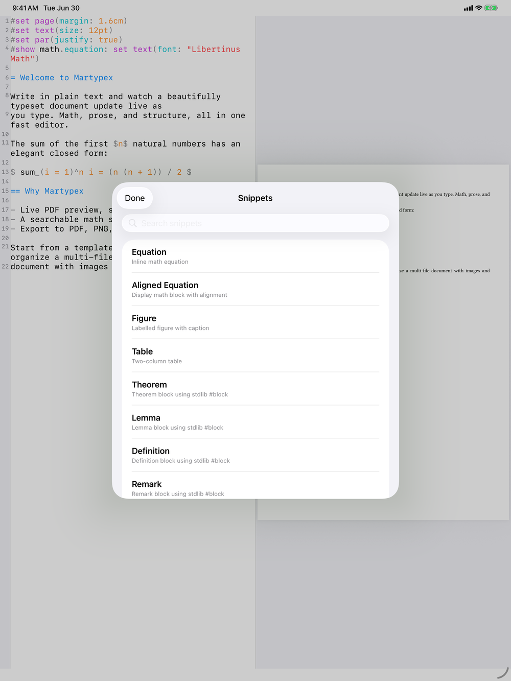 Snippet library on iPad, light mode