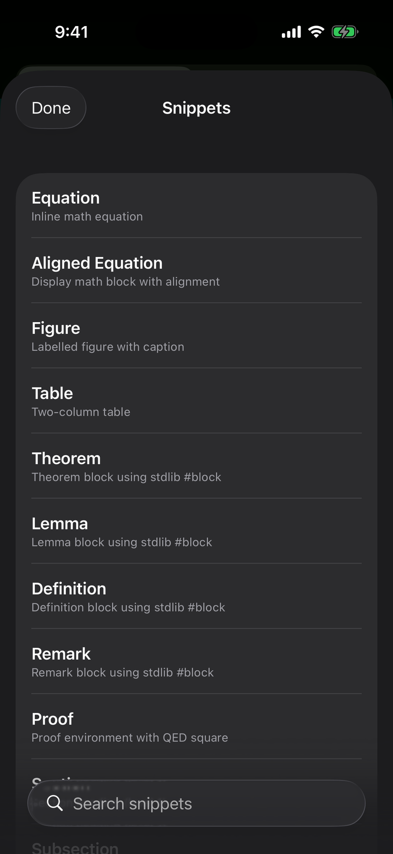 Snippet library on iPhone, dark mode