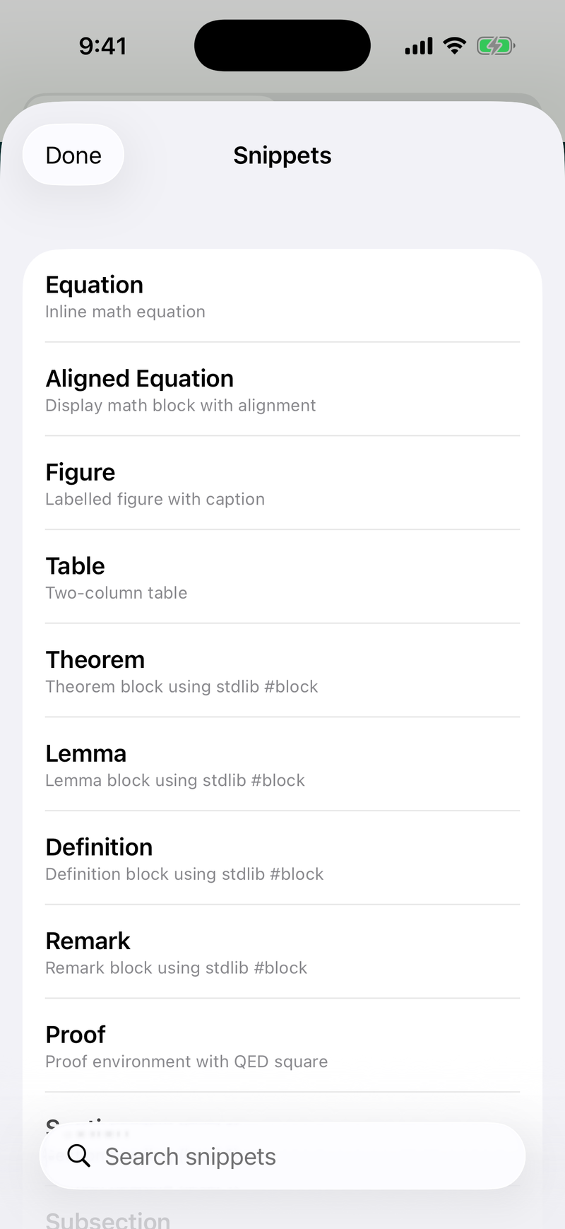 Snippet library on iPhone, light mode