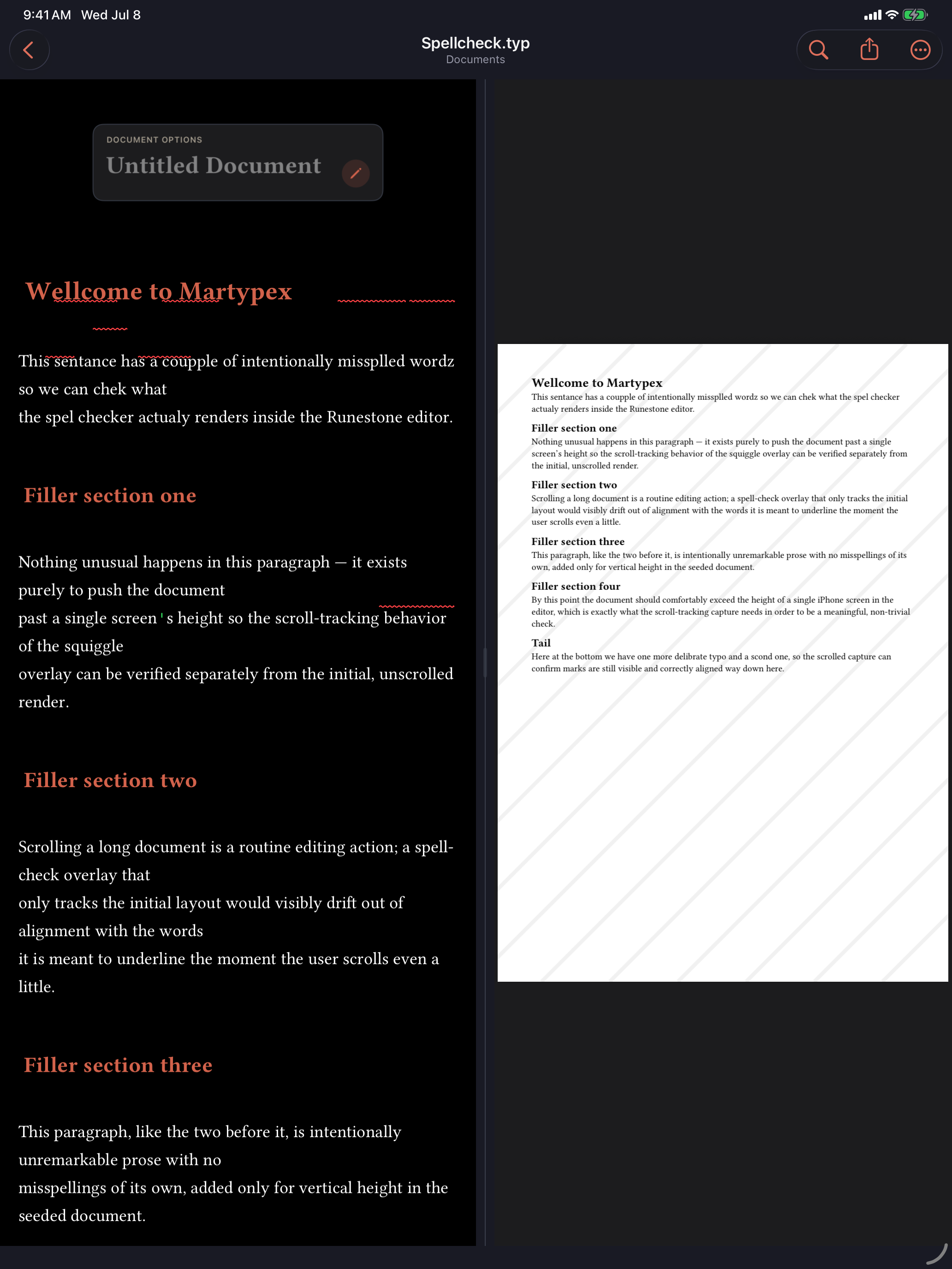 Editor with red wavy underlines beneath misspelled words on iPad, dark mode
