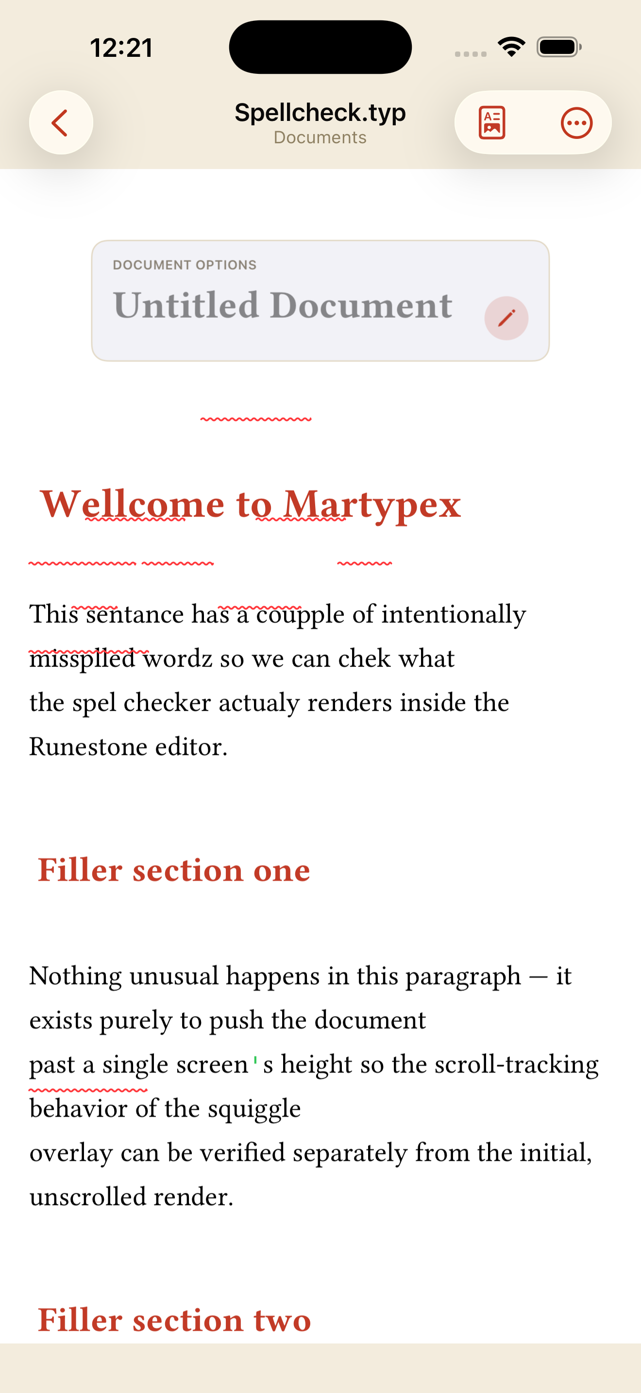 Editor with red wavy underlines beneath misspelled words on iPhone, light mode
