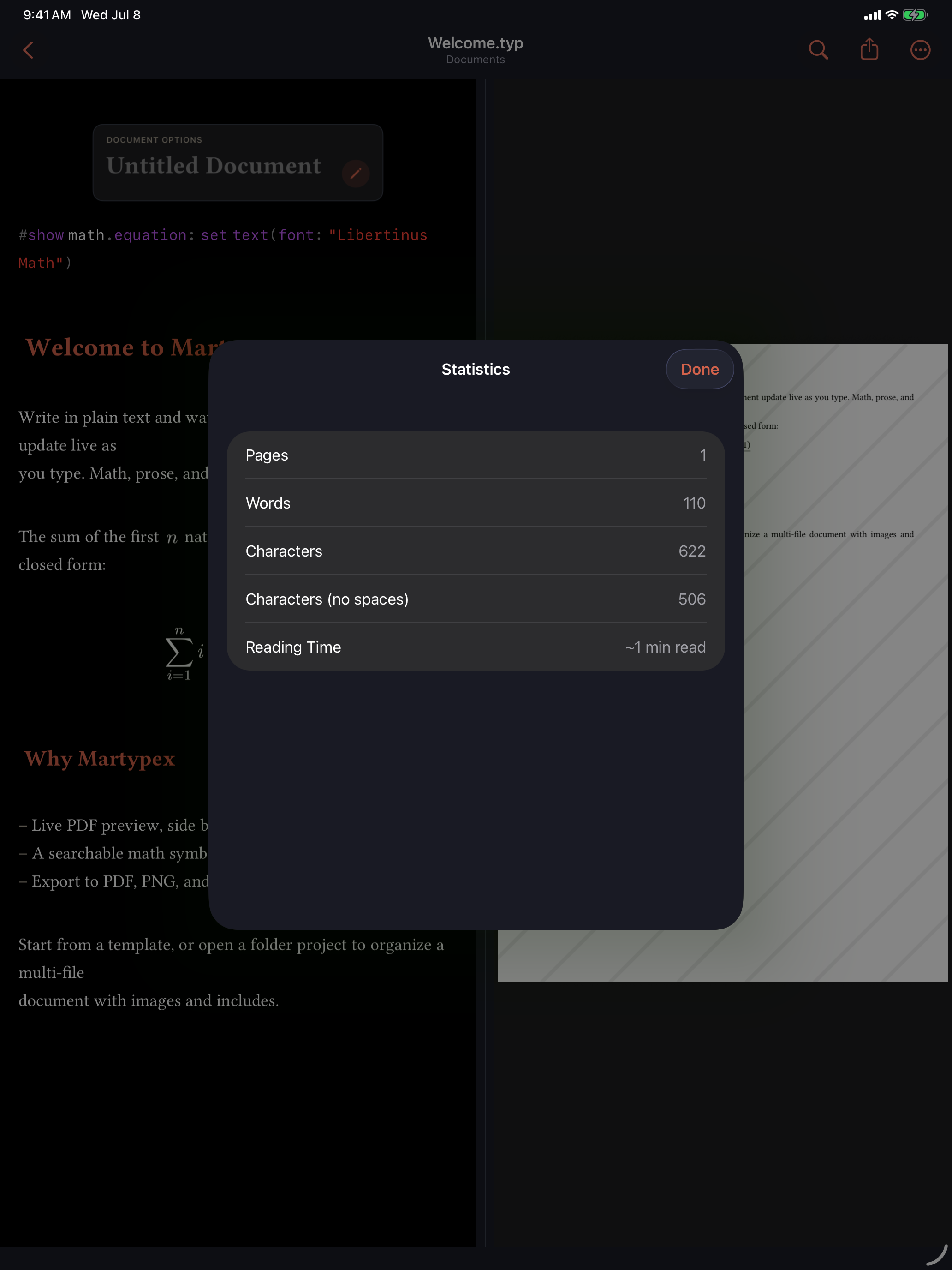 Document statistics sheet on iPad, dark mode