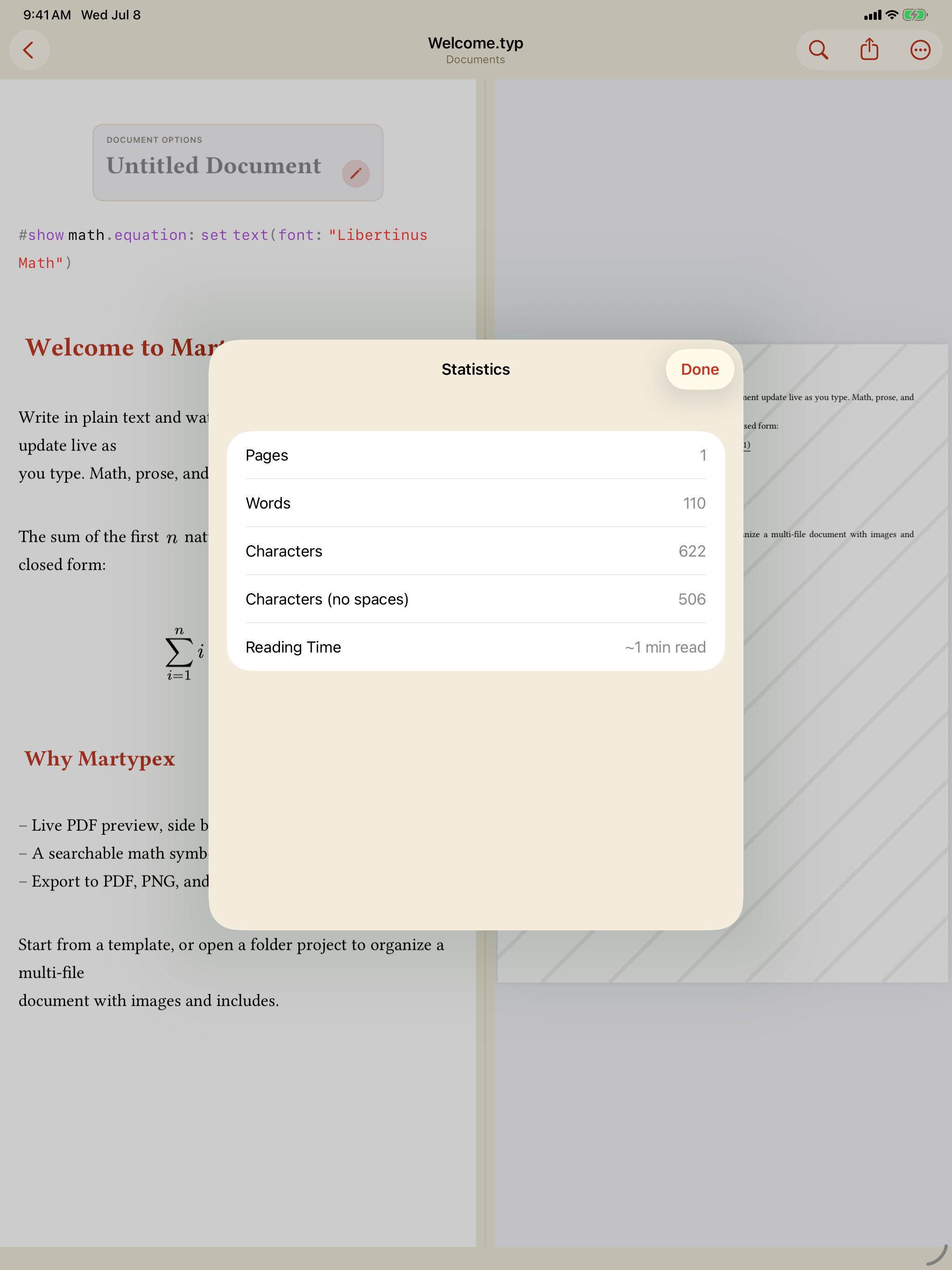 Document statistics sheet on iPad, light mode
