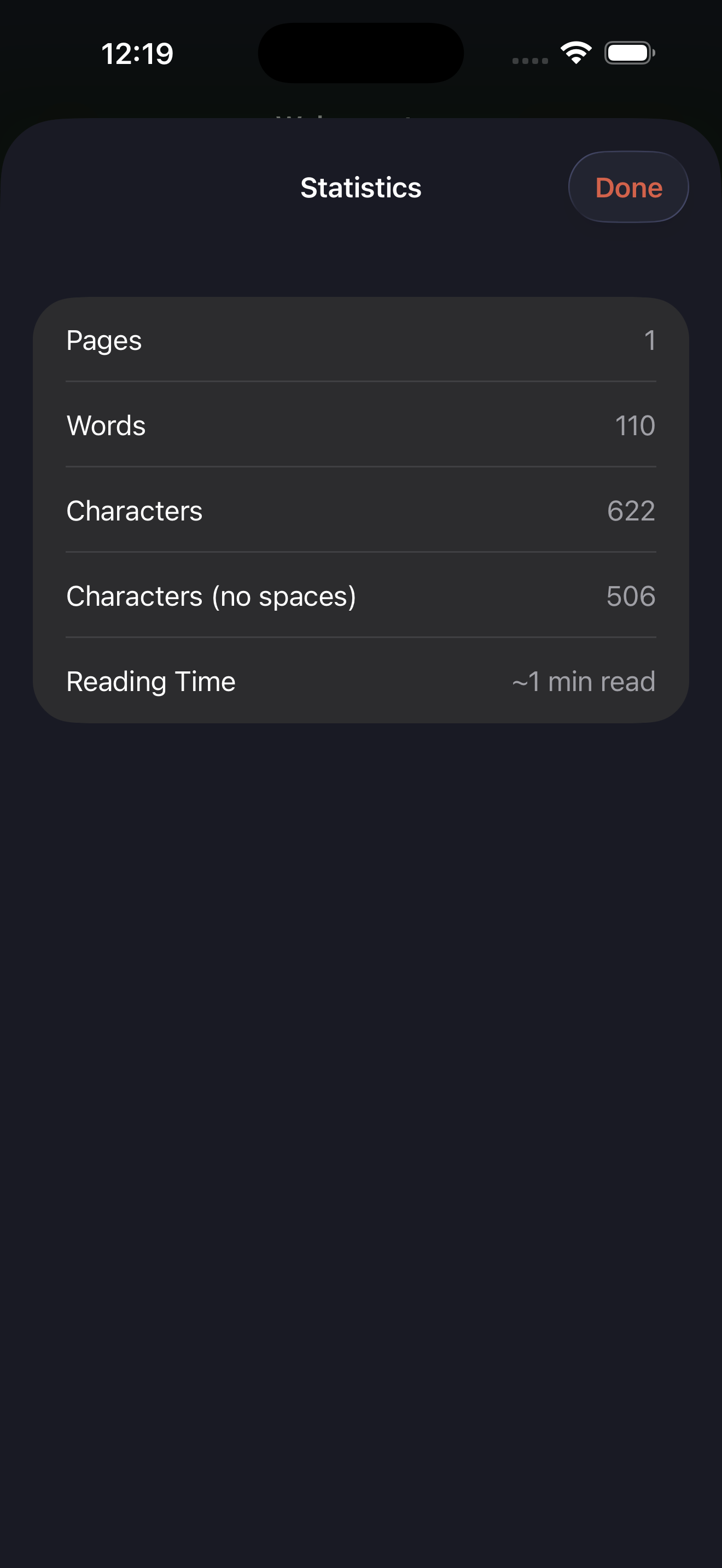 Document statistics sheet on iPhone, dark mode