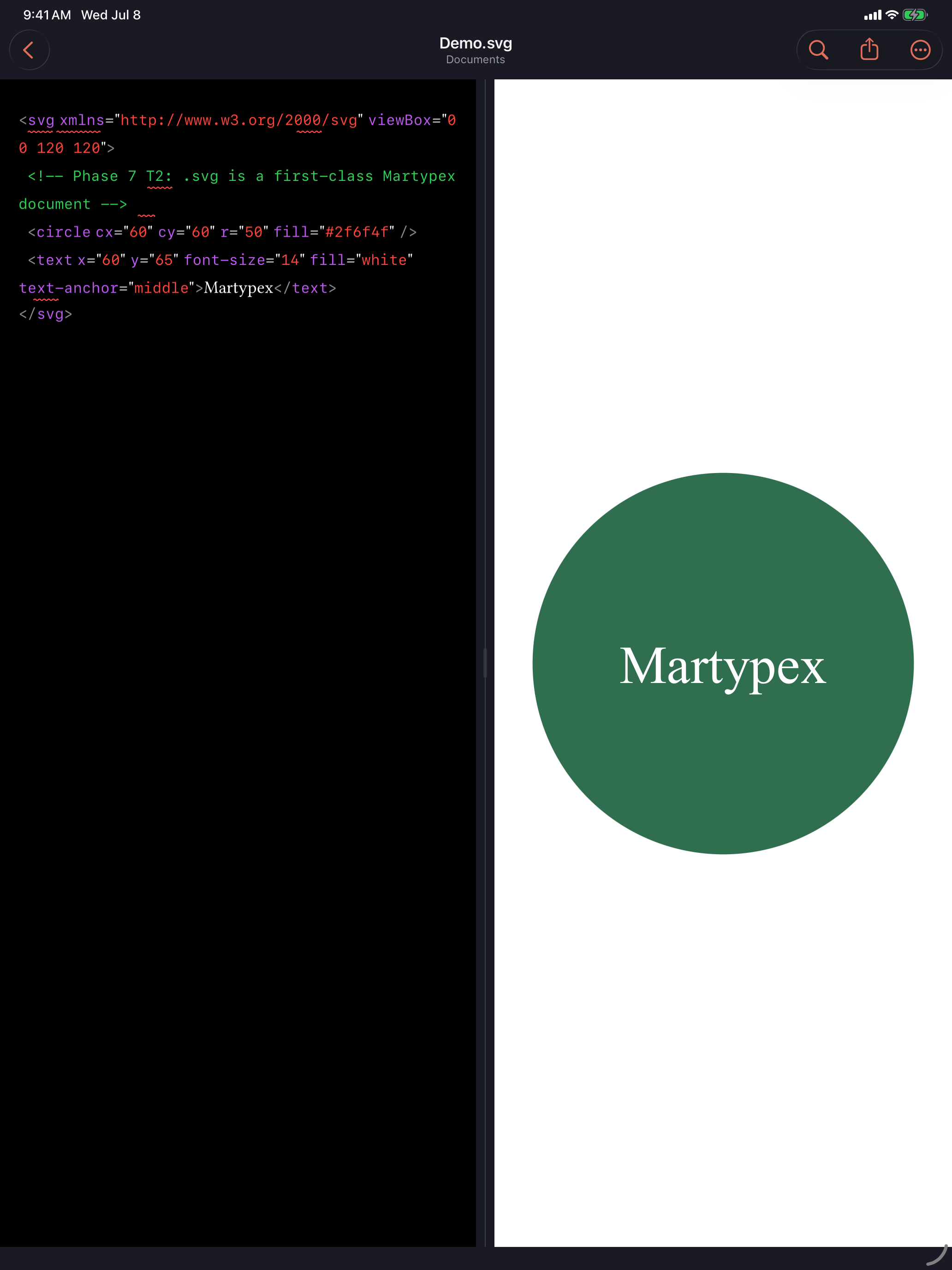An .svg document rendered in the live web preview, on iPad, dark mode