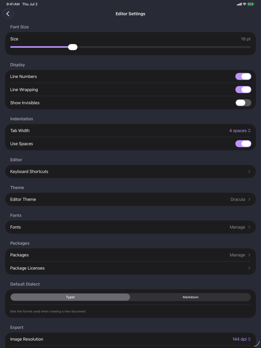 Martypex under a custom Dracula theme, on iPad