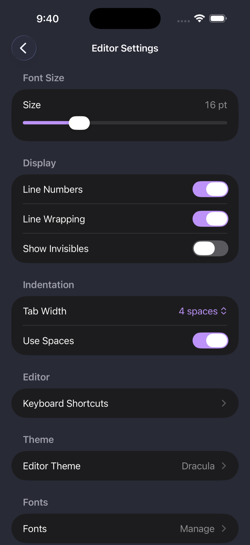 Martypex under a custom Dracula theme, on iPhone