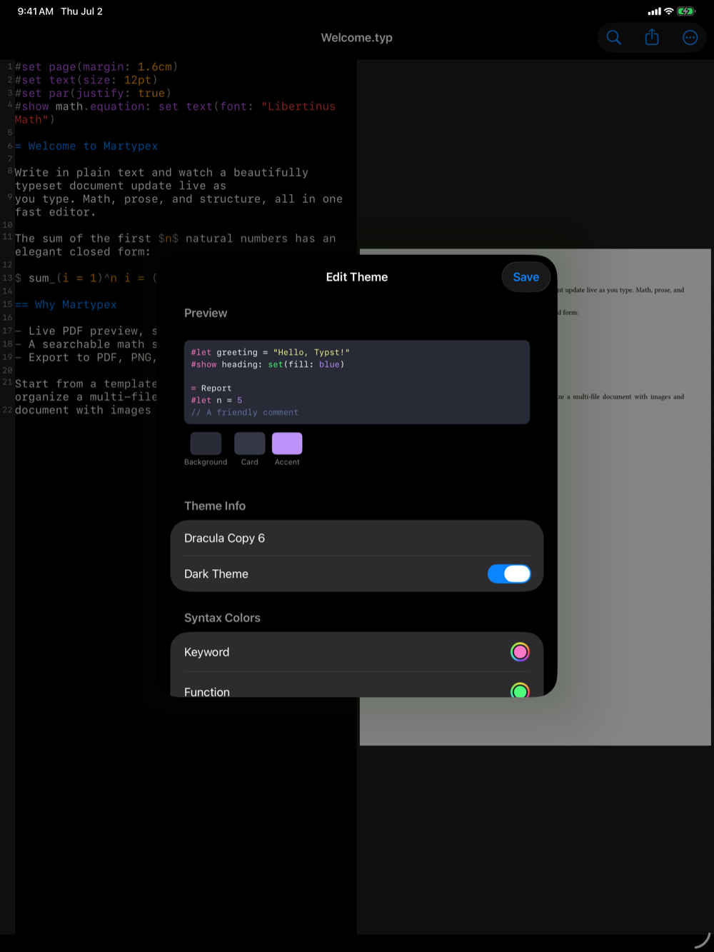 Theme editor on iPad, dark mode