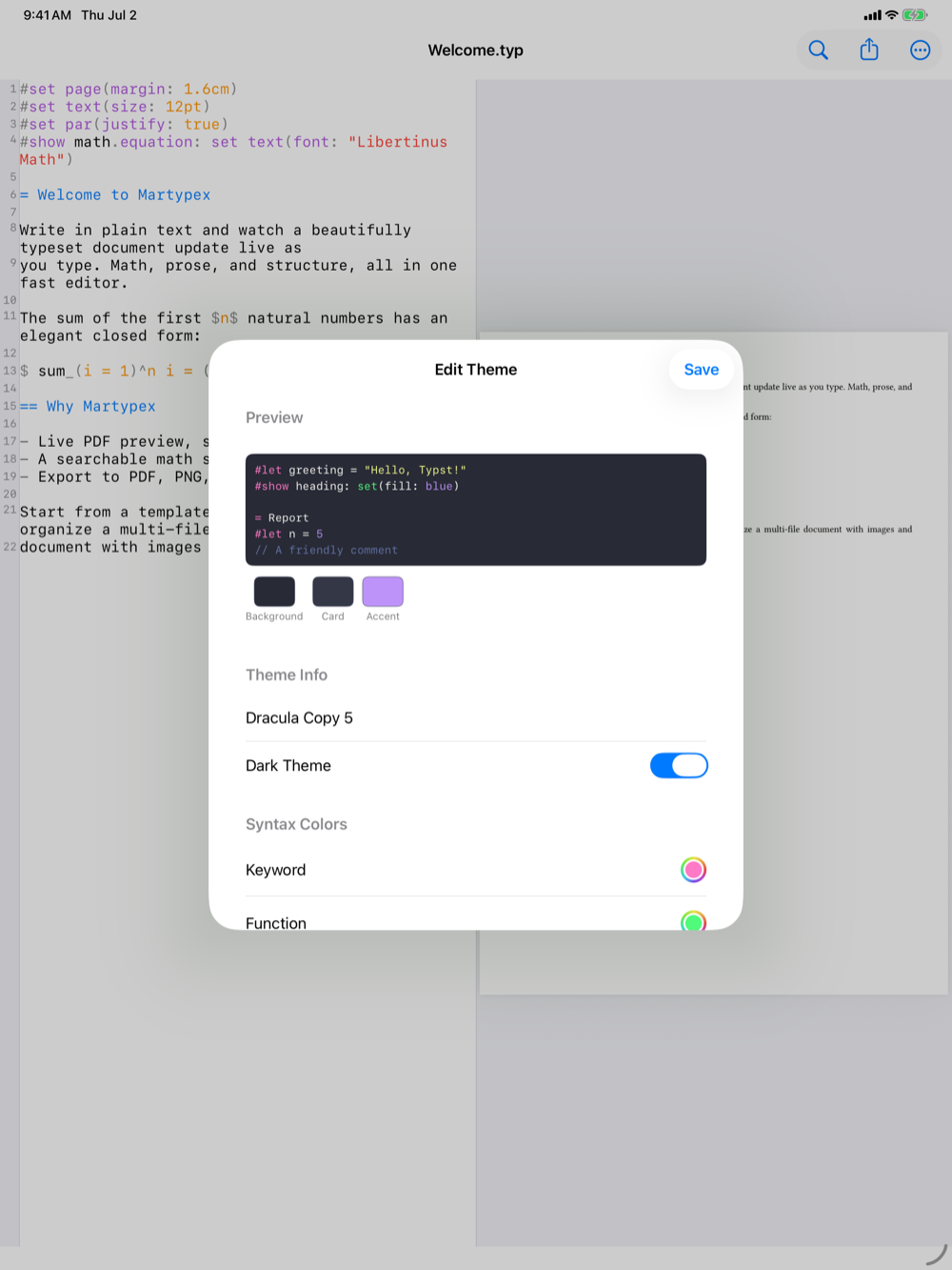 Theme editor on iPad, light mode