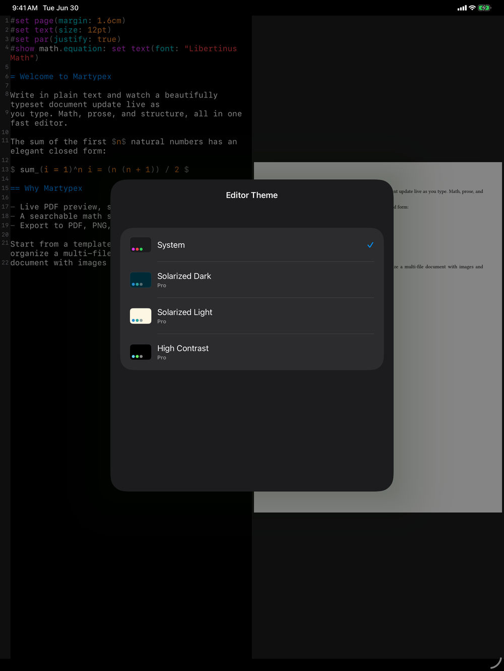 Editor themes on iPad, dark mode