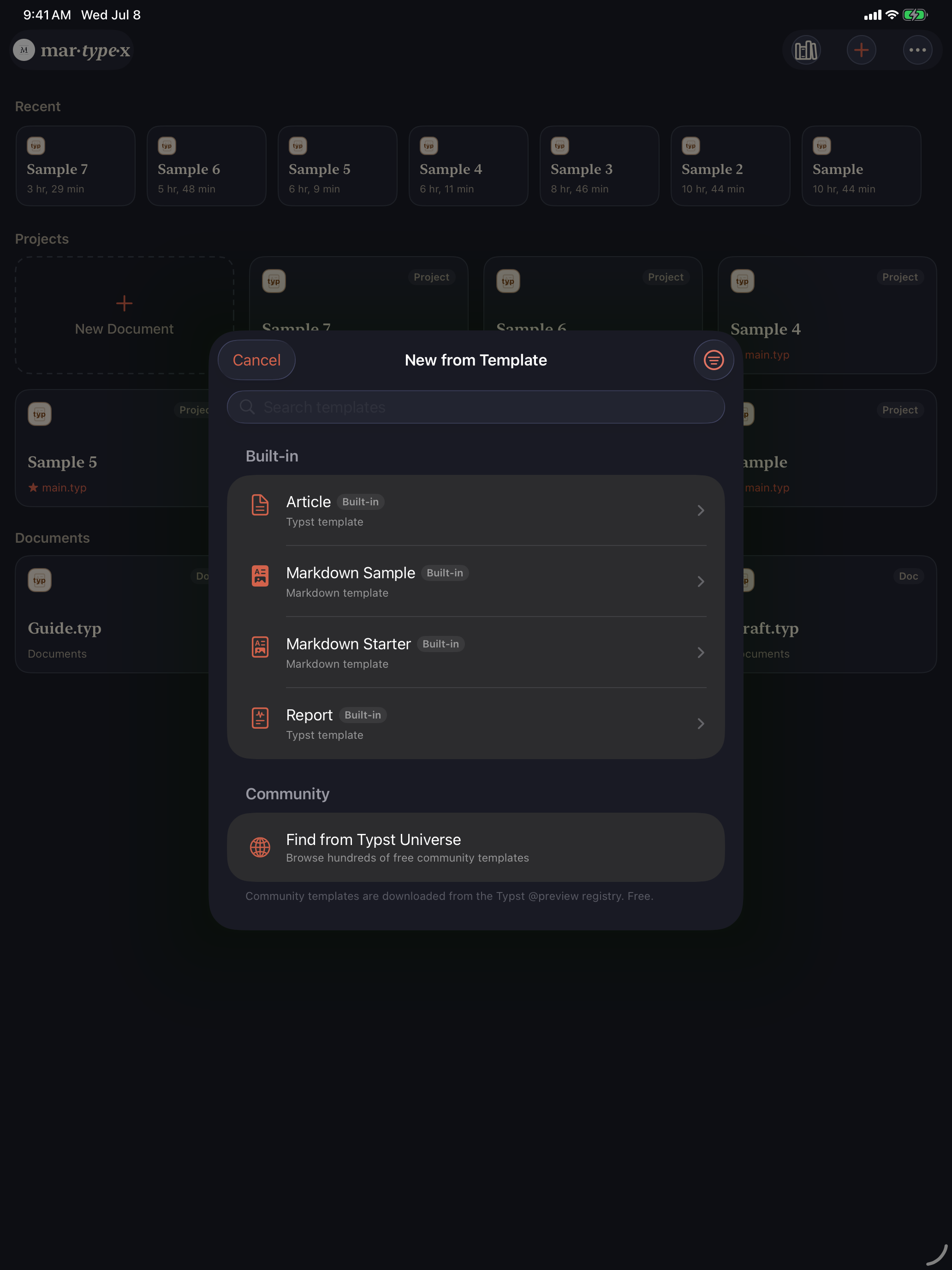 Typst Universe browser on iPad, dark mode