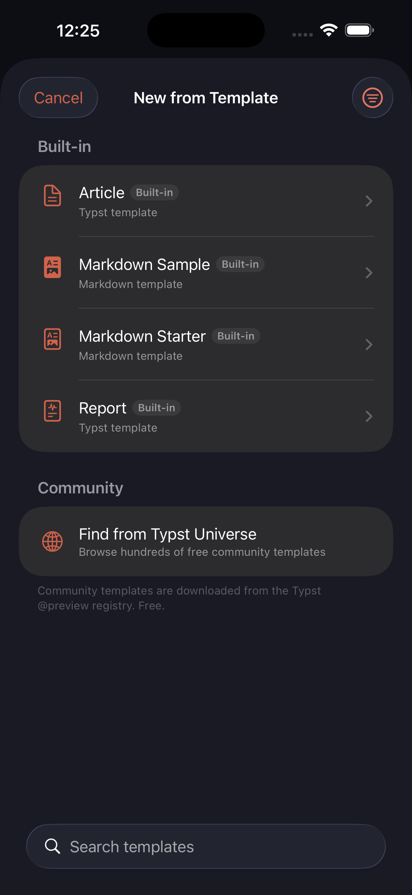 Typst Universe browser on iPhone, dark mode