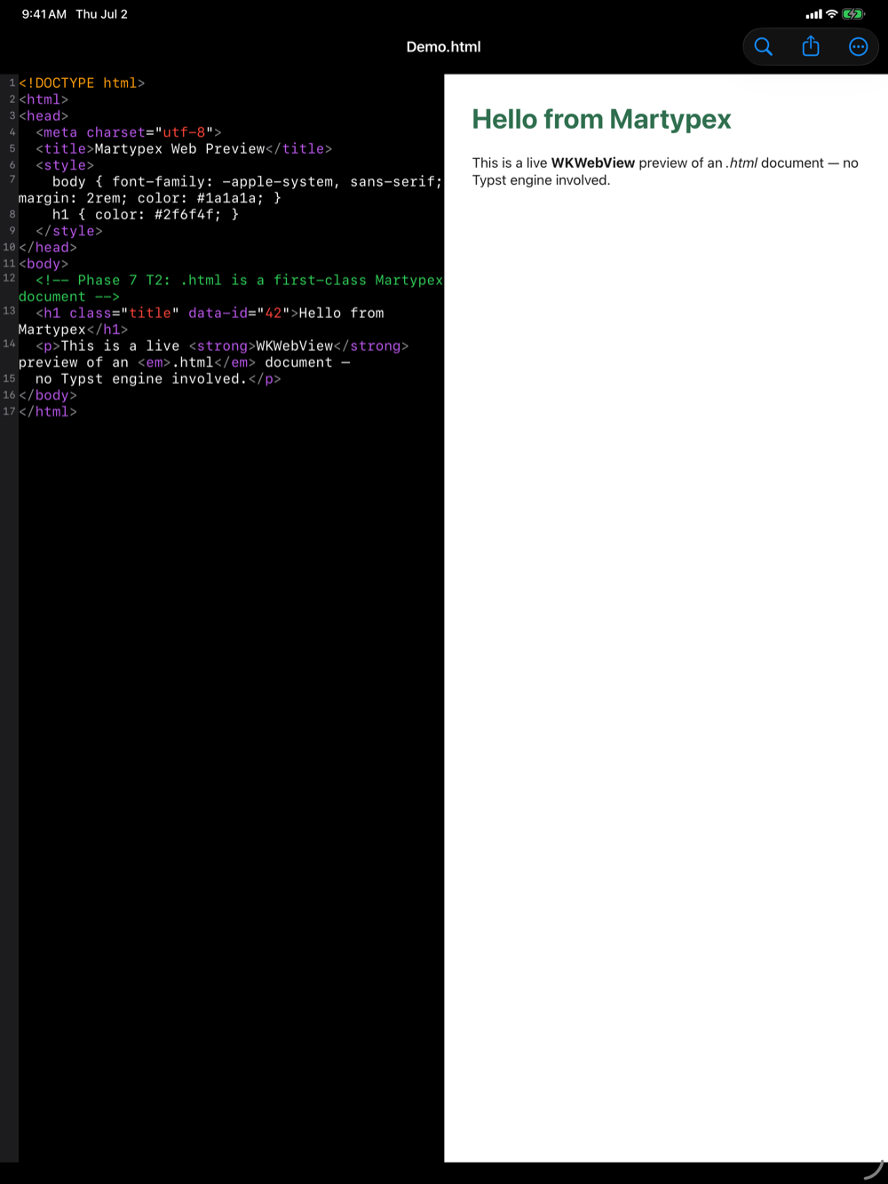 An .html document rendered in the live web preview, on iPad, dark mode