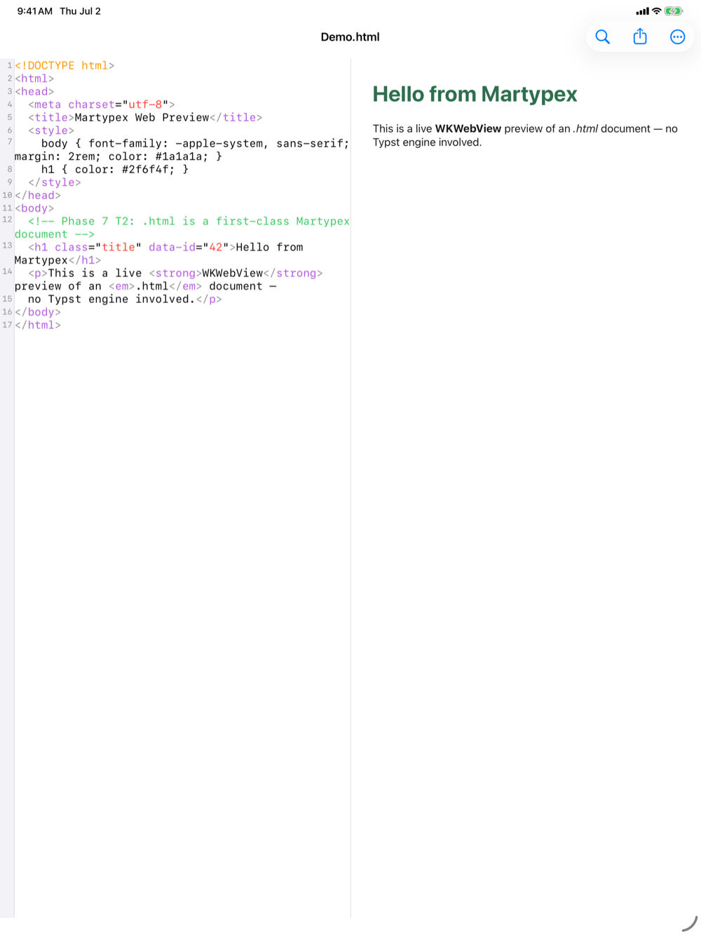 An .html document rendered in the live web preview, on iPad, light mode