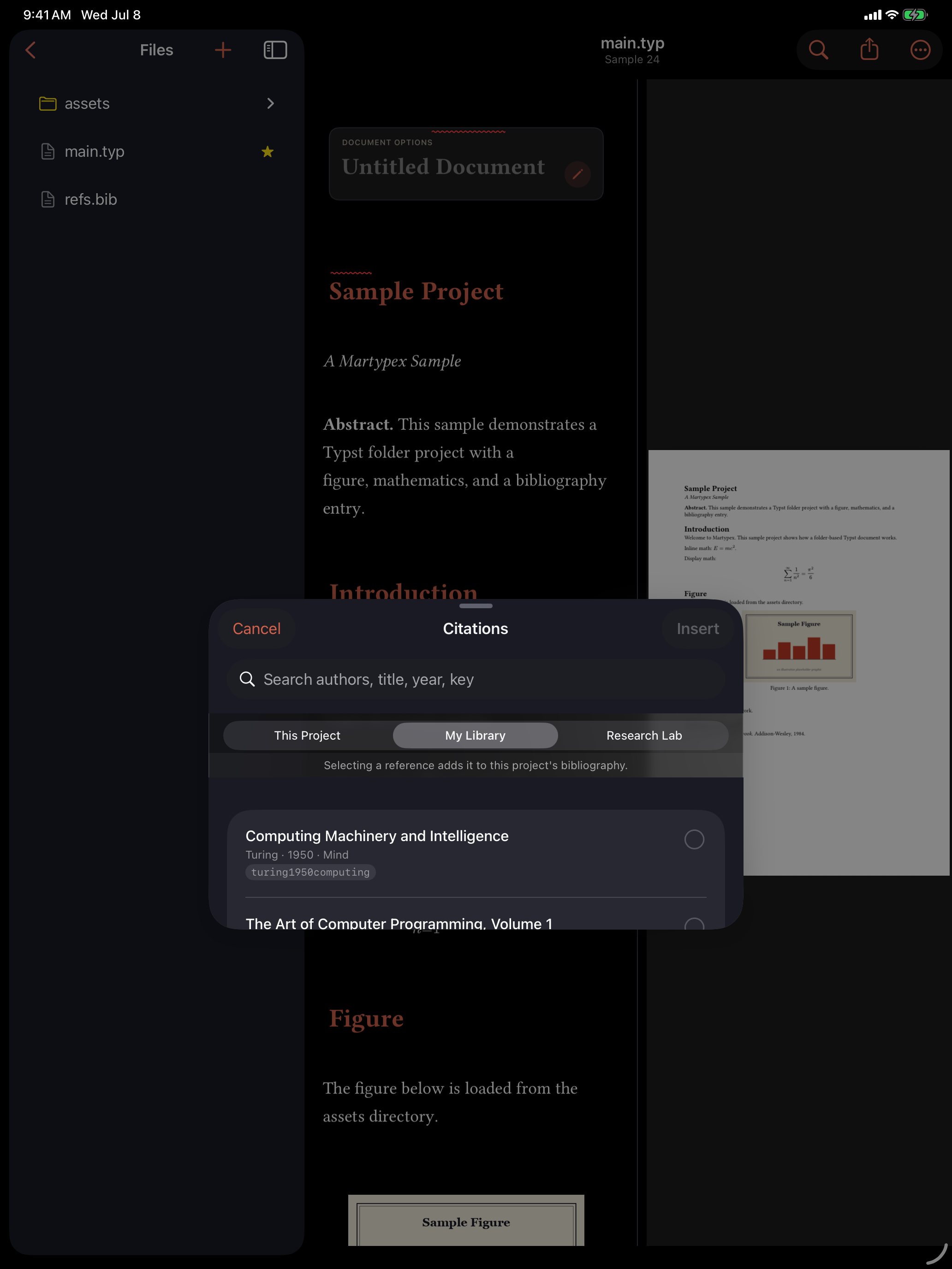 Browsing a connected Zotero library from the Citation Browser, on iPad, dark mode