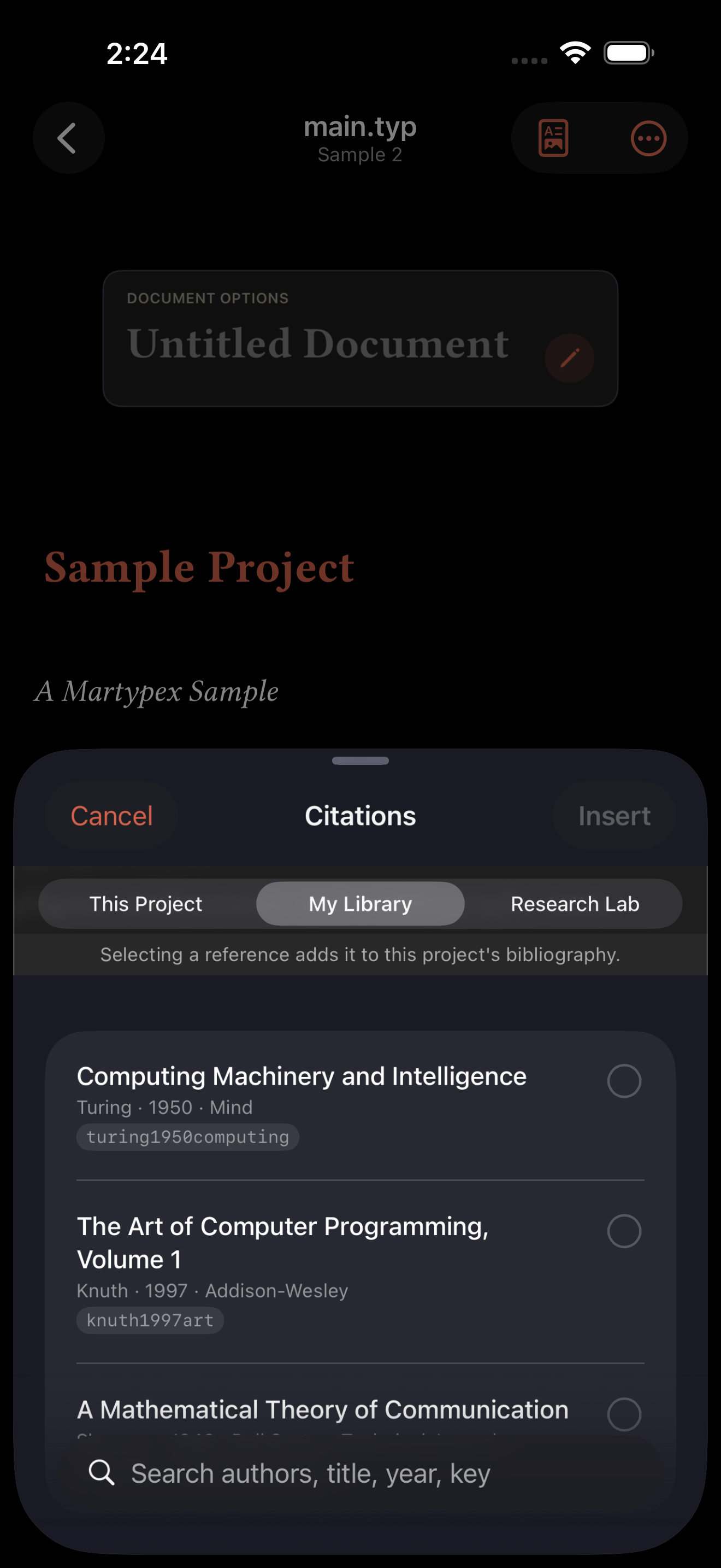 Browsing a connected Zotero library from the Citation Browser, on iPhone, dark mode