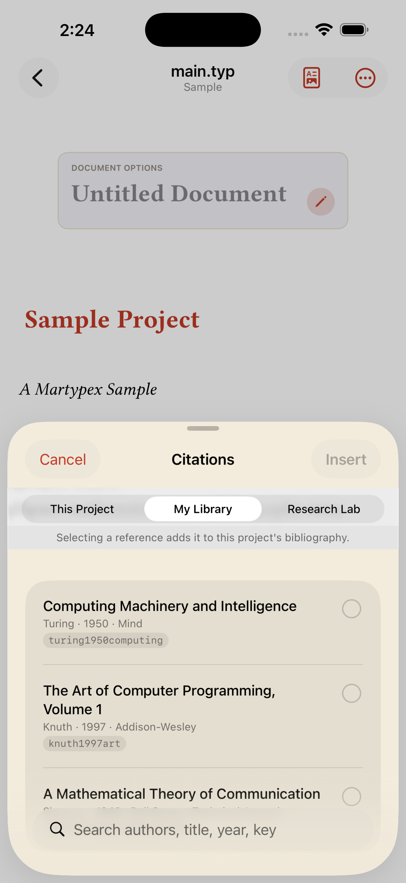 Browsing a connected Zotero library from the Citation Browser, on iPhone, light mode