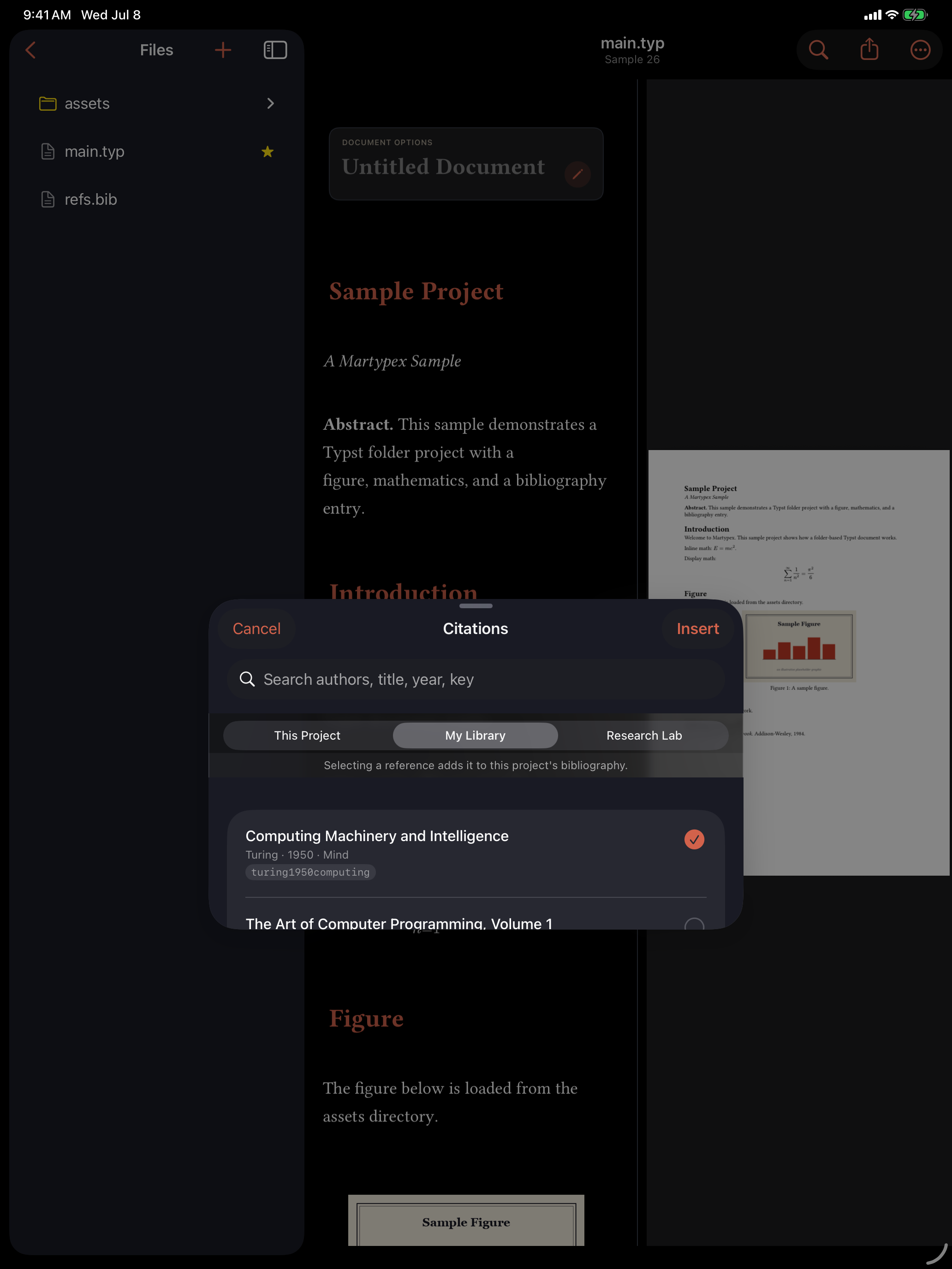Selecting a Zotero reference to insert, on iPad, dark mode