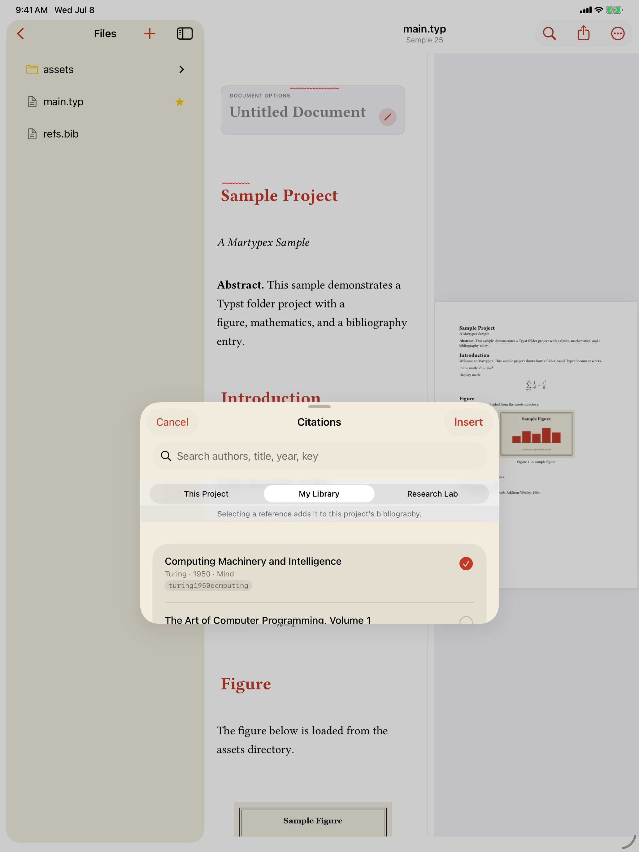 Selecting a Zotero reference to insert, on iPad, light mode