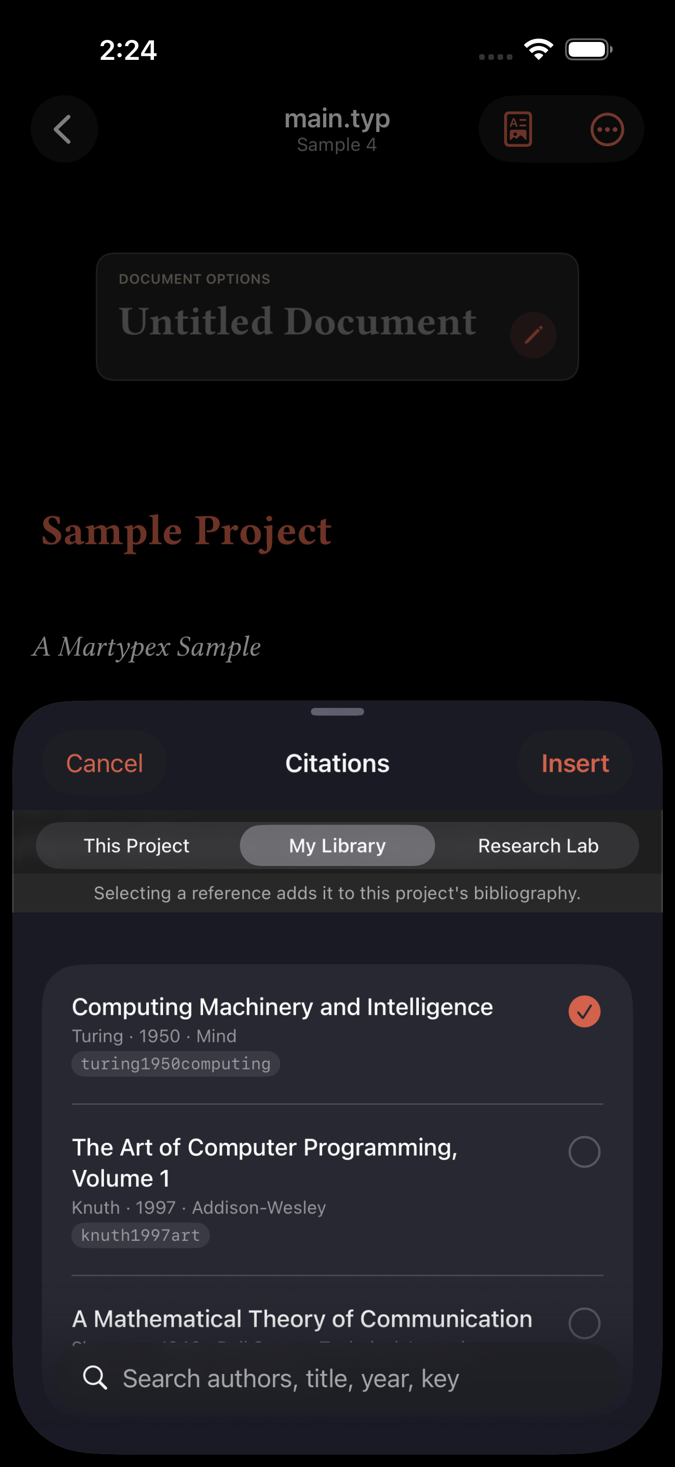 Selecting a Zotero reference to insert, on iPhone, dark mode