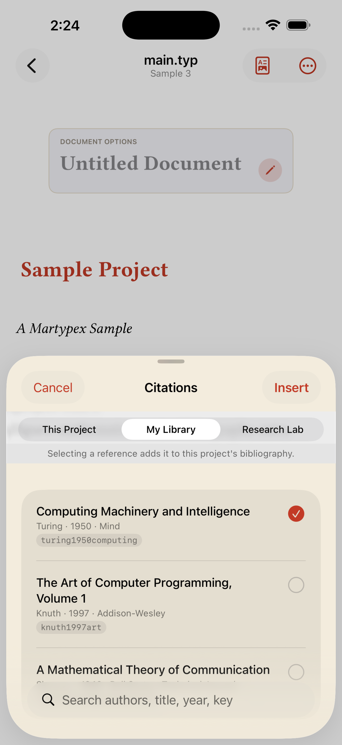 Selecting a Zotero reference to insert, on iPhone, light mode