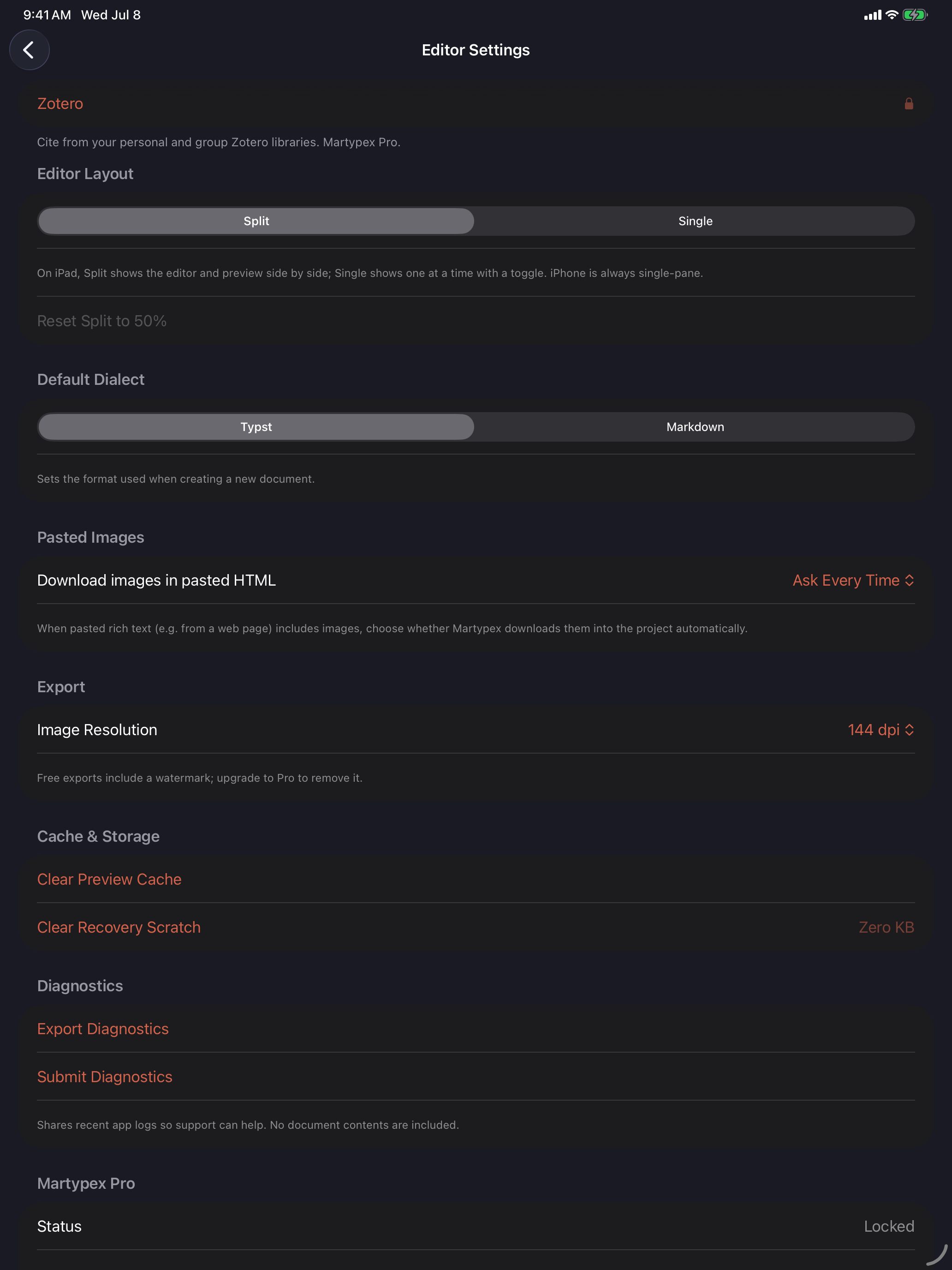 Zotero shown locked in Settings for a free-tier user, on iPad, dark mode