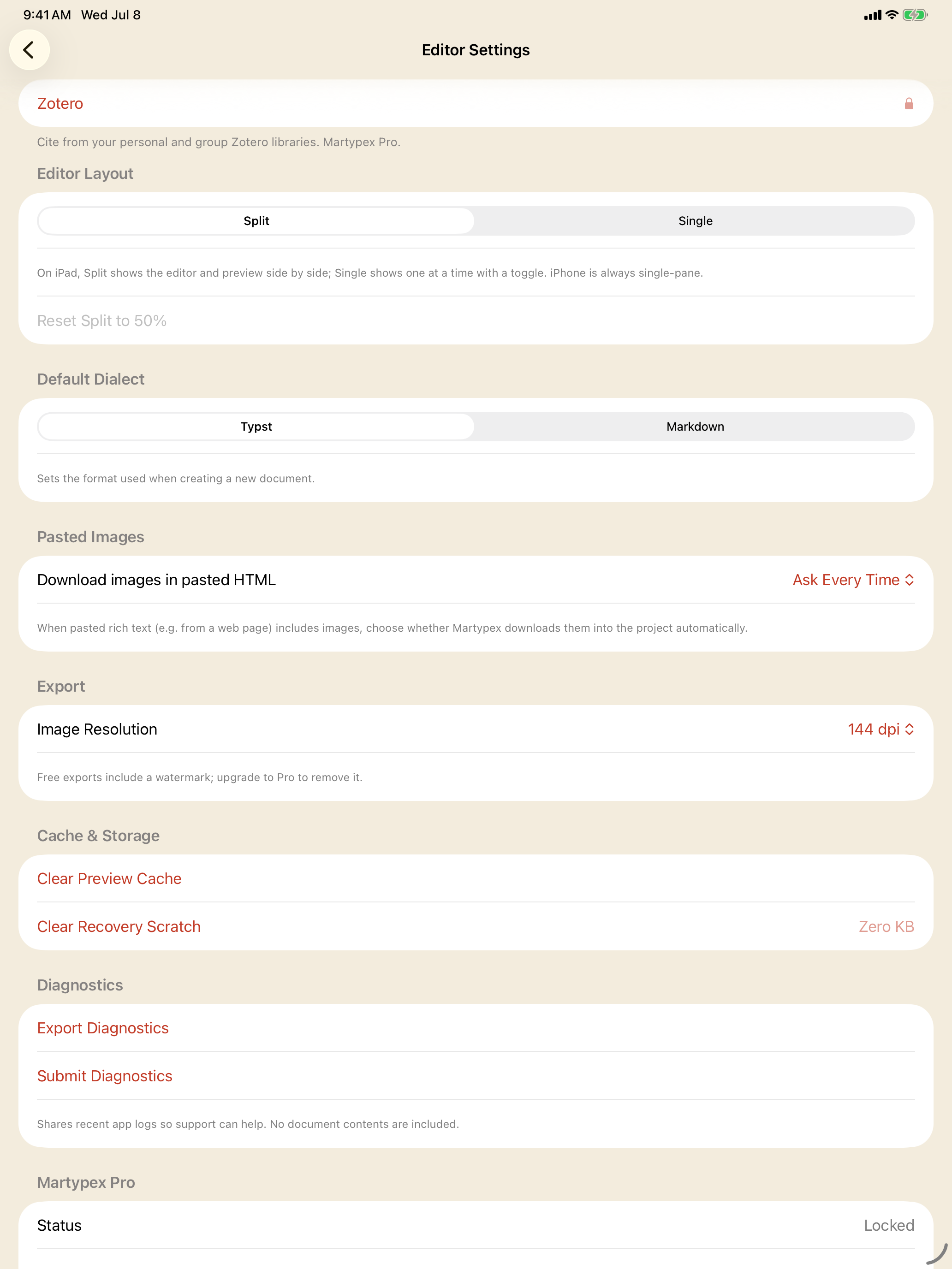 Zotero shown locked in Settings for a free-tier user, on iPad, light mode
